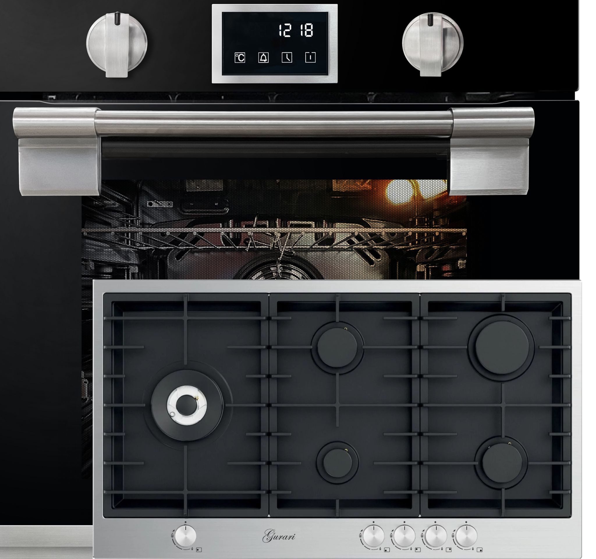 Backofen-Set Herd Set Autark Einbau Backofen 79L, SOFTCLOSE-System, 11 Fkt. Temperatursonde+Gas-Kochfeld 90 cm, Edelstahl- Schwarz Emaliert EH 6338 s+TY 905 VPGC