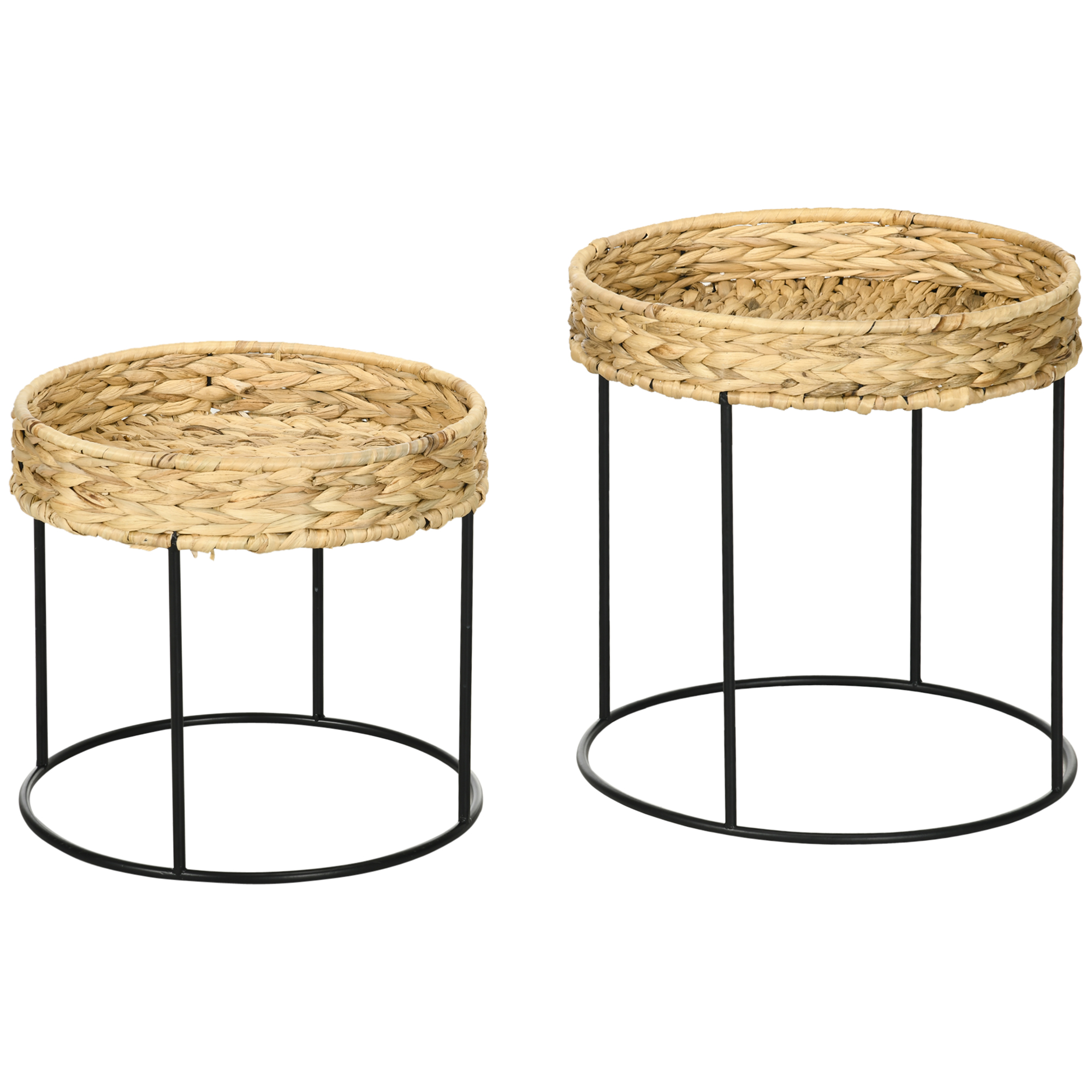 HOMCOM 2er-Set Beistelltische im Boho-Stil, stapelbar, Wasserhyazinthe, Natur + Schwarz