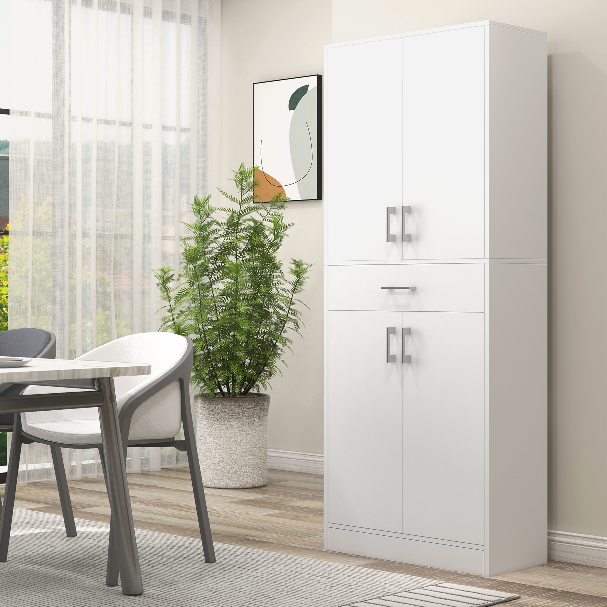 HOMCOM Hoher Küchenschrank 4 Türen 2 Schränke und 1 zentrale Schublade Höhe 180 cm mit 2 verstellbaren Regalen Weiß