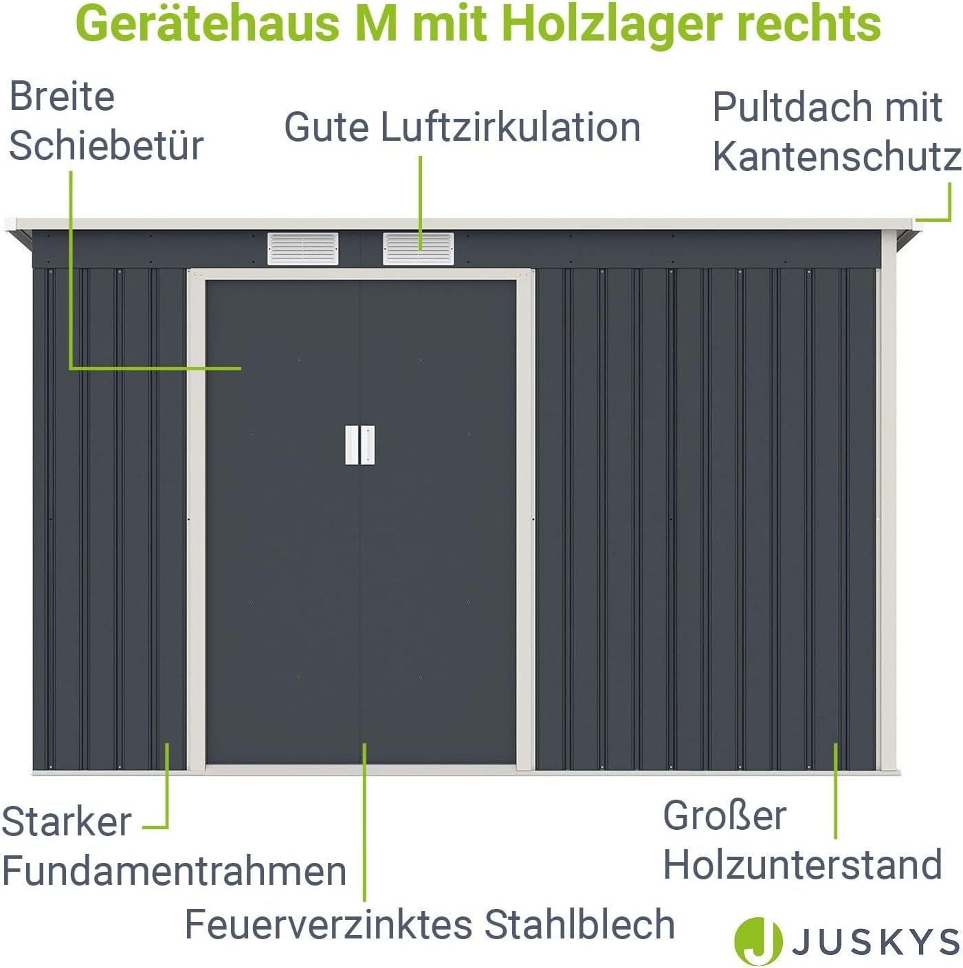 Juskys Metall Gerätehaus M mit Holzunterstand rechts, Schiebetür, Lüftungsgitter, Fundament - Geräteschuppen Gartenhaus Metallgerätehaus Holzregal