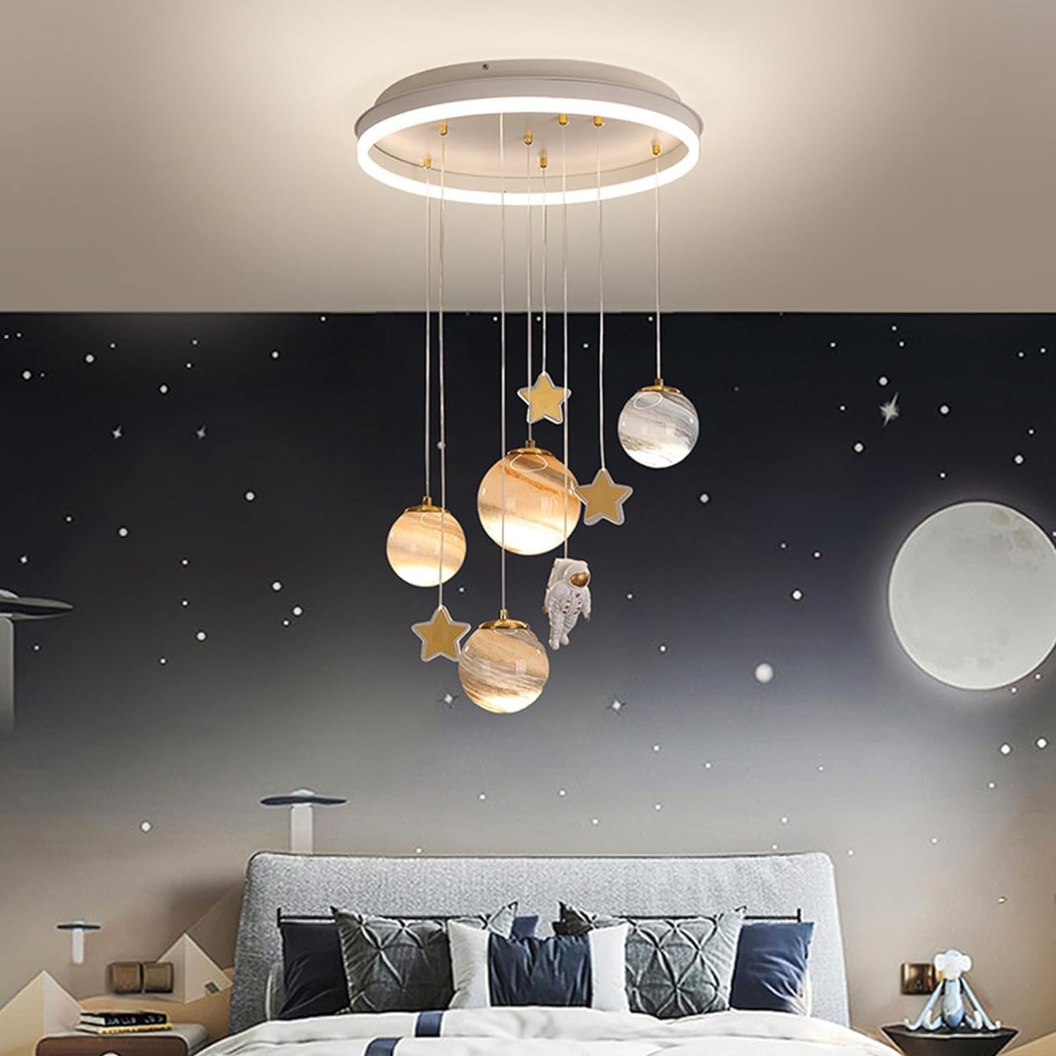 Kinder LED Deckenleuchte Dimmbar Planet Kronleuchter Kinderzimmer Lampe Modernes Design Mond Astronaut Mit Fernbedienung Schlafzimmer Beleuchtung