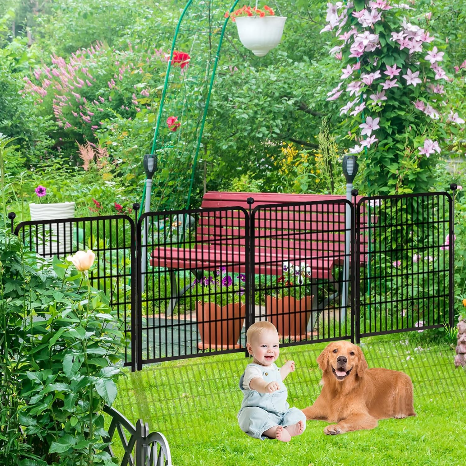 Tall Garden Fence with Gate 48 in(H)×27 in(L) 12 Panels Total 26.6 Ft(L)  Garden Fencing to Keep Dogs Out  Heavy Duty Iron Metal Animal Barrier Fence  Flower Bed Fencing