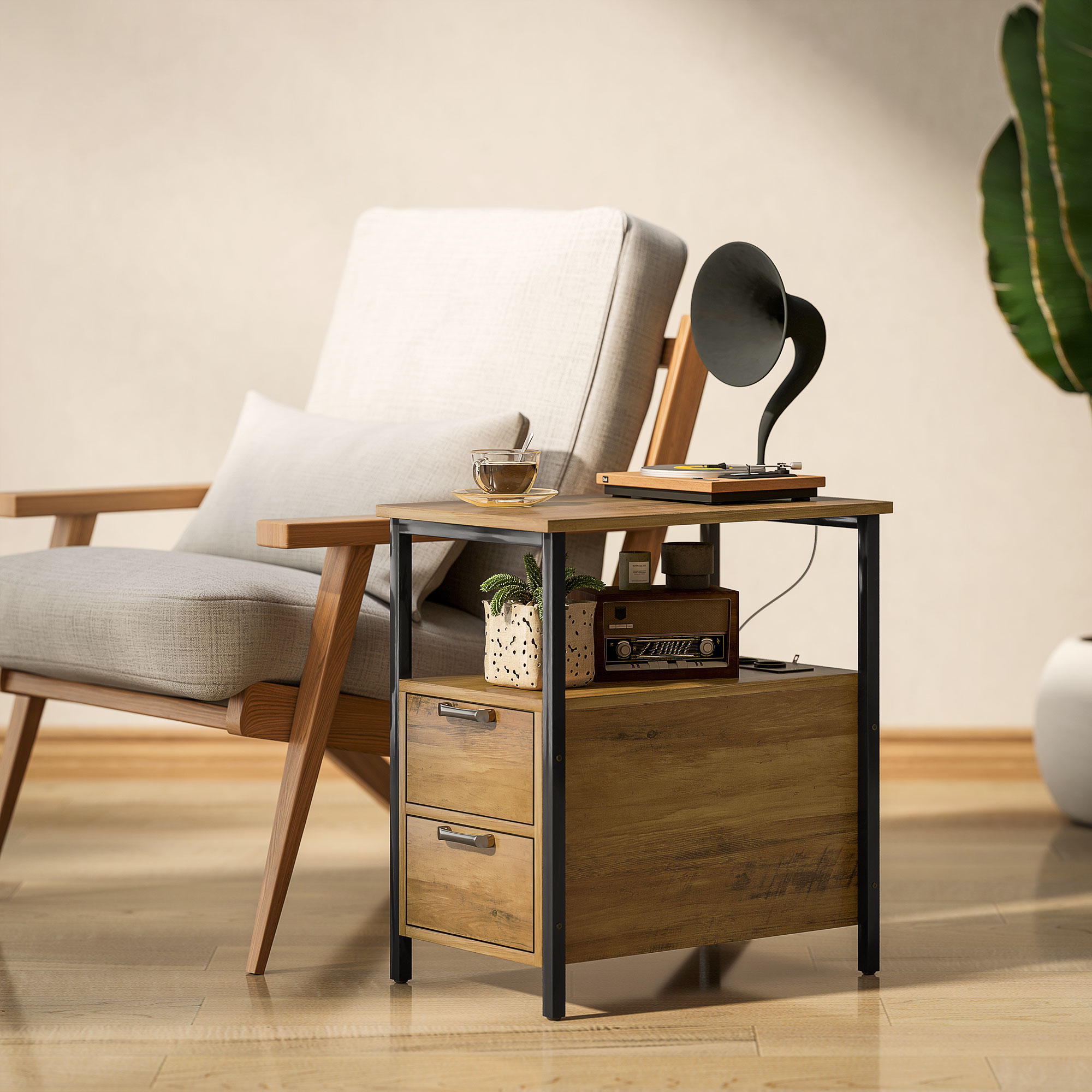 HOMCOM Beistelltisch Nachttisch mit 2 Steckdosen USB-Anschluss 1 Typ-C-Anschluss 143 cm Kabel Schubladen und Regal Naturholz