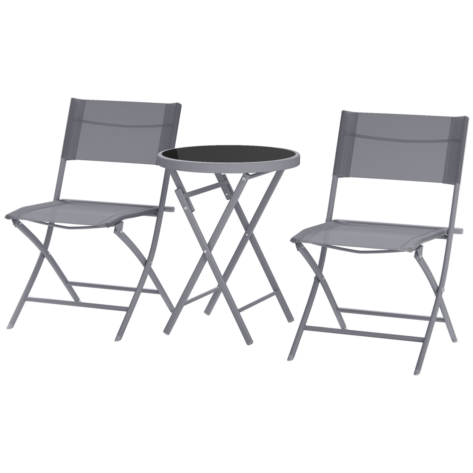 Outsunny 3-teiliges klappbares Bistro-Set aus Metall, 2 Stühle und 1 runder Tisch, Gartenmöbel-Set im Freien für 2 Personen, grau