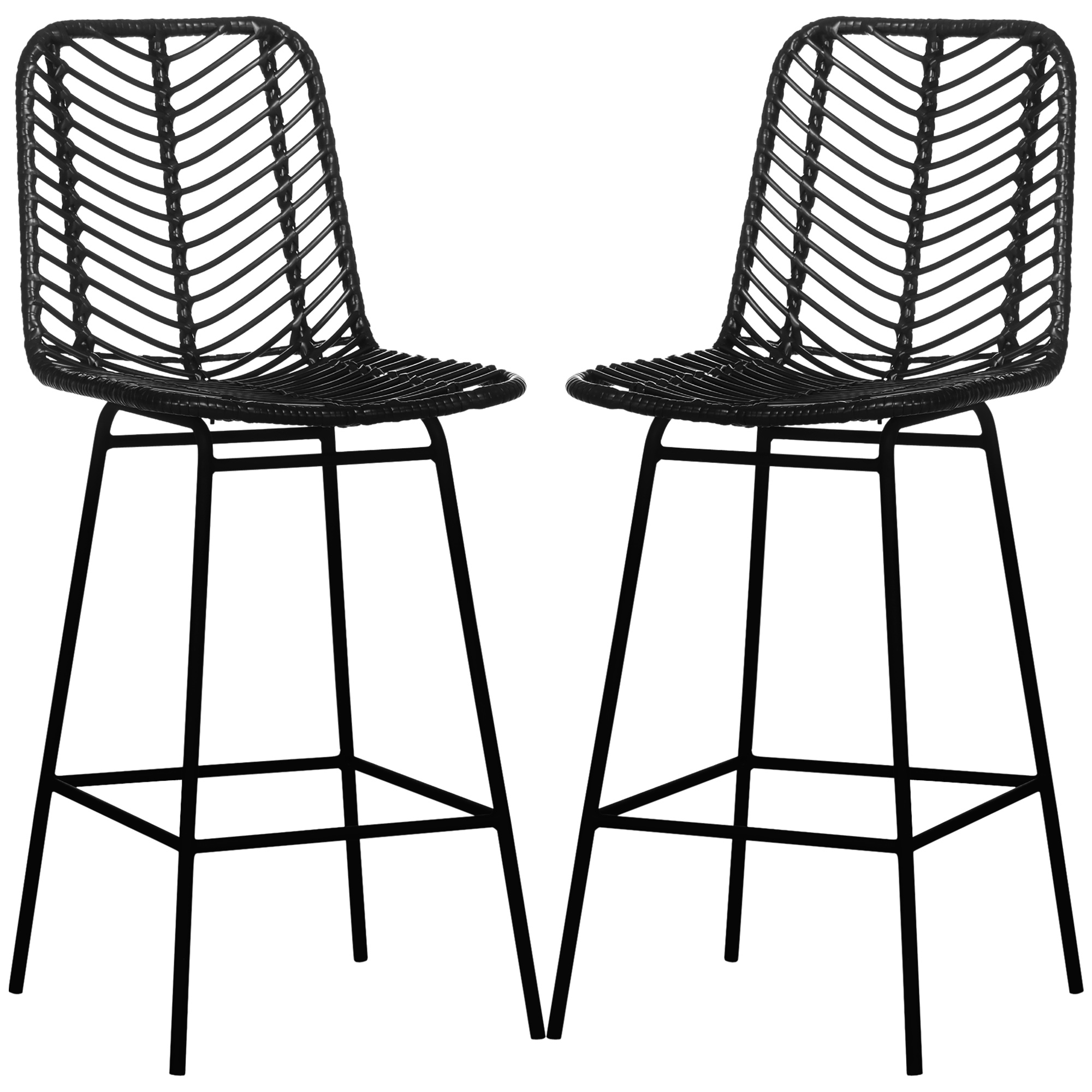 HOMCOM Barhocker, 2er-Set, Rattanoptik, Fußstütze, Stahlrahmen, rutschfest, bis 120 kg, 42,5x52x102 cm, Schwarz