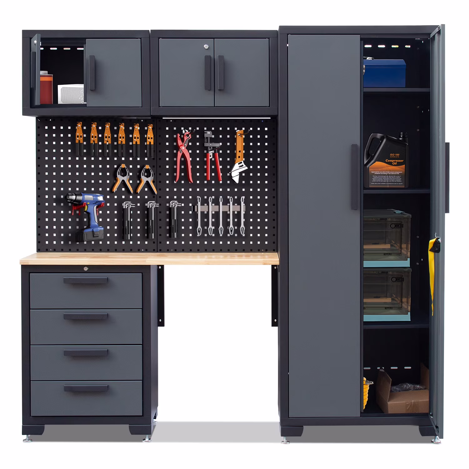 HPDMC Garage Storage Cabinet System 7-Pcs Workshop Set Metal Garage Cabinets System with Steel Cabinet Drawers, Workbench, Pegboard for Garage Tool Organization