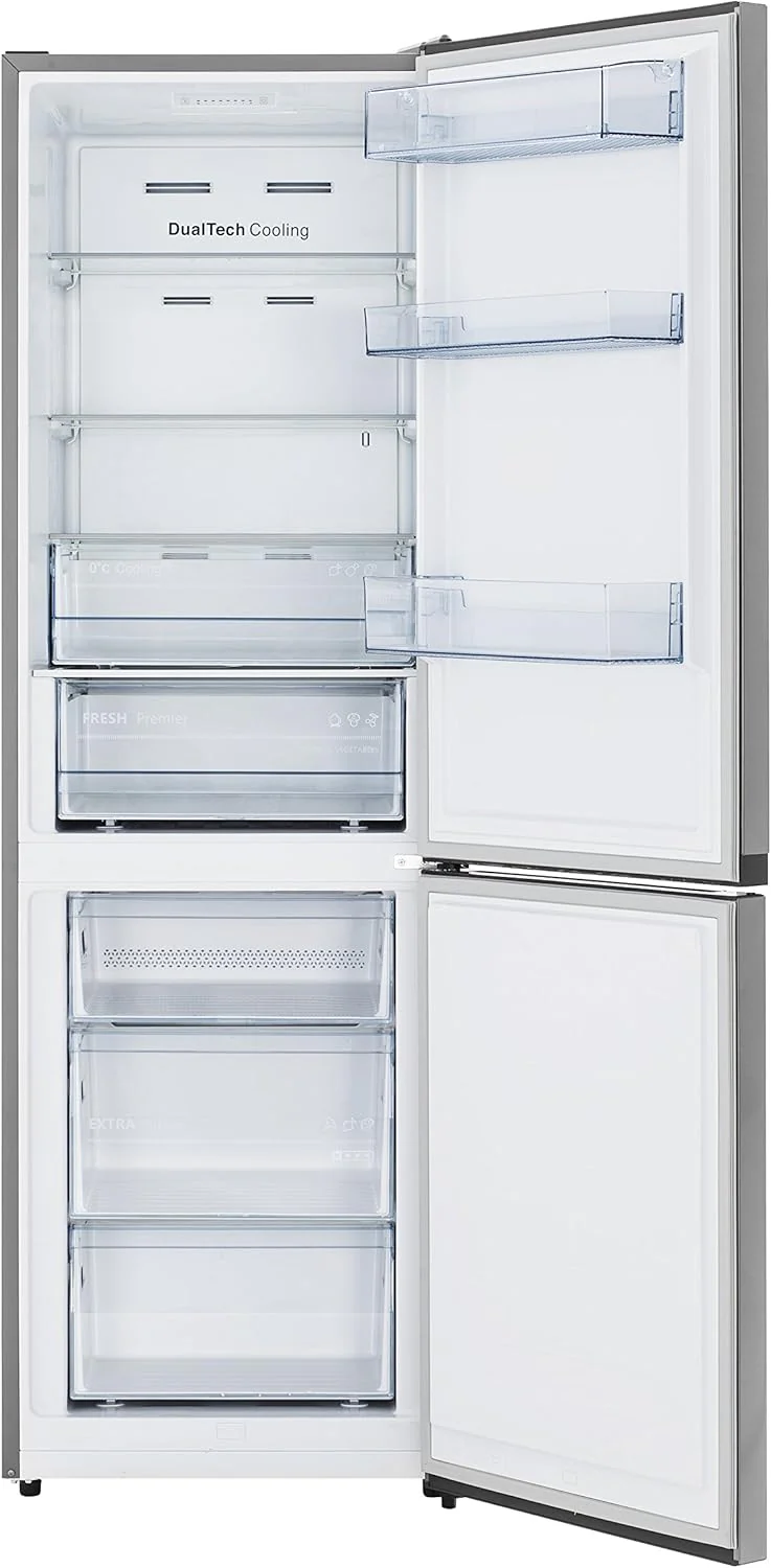 Hisense RB327N4ADD Koelvriescombinatie, EEK D, Total NoFrost, Verwisselbare Deurscharnieren, Flessenrek, 171 Liter Koelgedeelte, 85 Liter Vriesgedeelte, Roestvrijstalen look