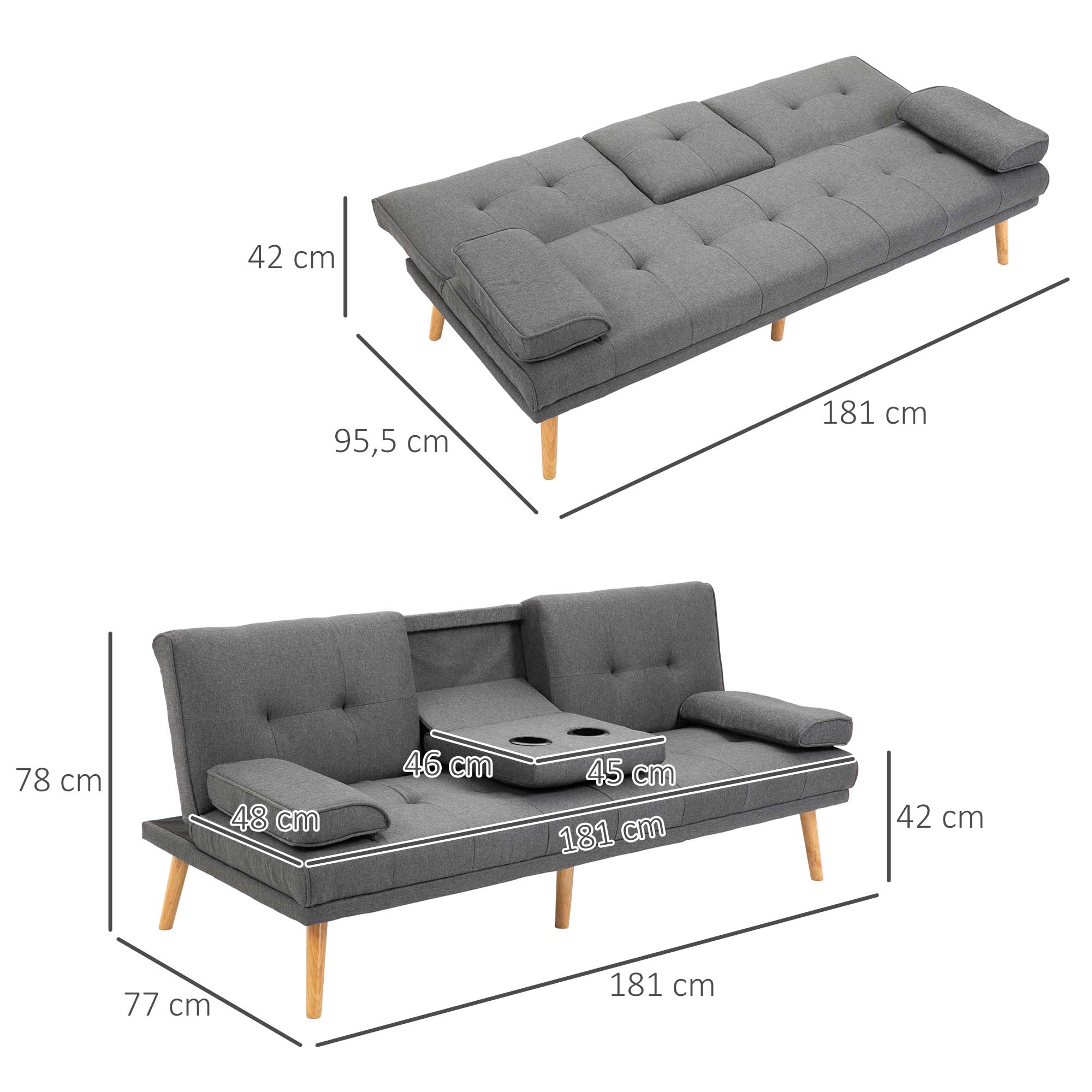 Slaapbank in Scandinavisch design, 3-zitsbank, 2 kussens, Grijs + Natuur