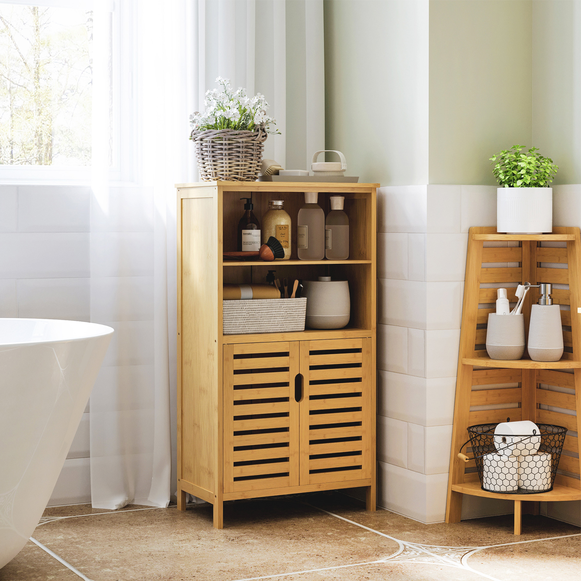 kleankin Badezimmerschrank aus Bambus, mit Lamellentüren, 2 Regale, 1 Schrank, 50 cm x 29 cm x 92 cm, Natur