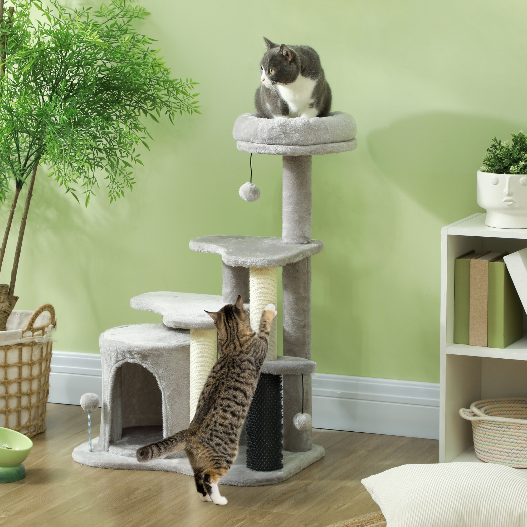 PawHut Katzen-Spielzentrum mit Kratzbaum, Bett, Spielbällen, Plüsch, 60 x 39 x 87 cm, Hellgrau/Creme