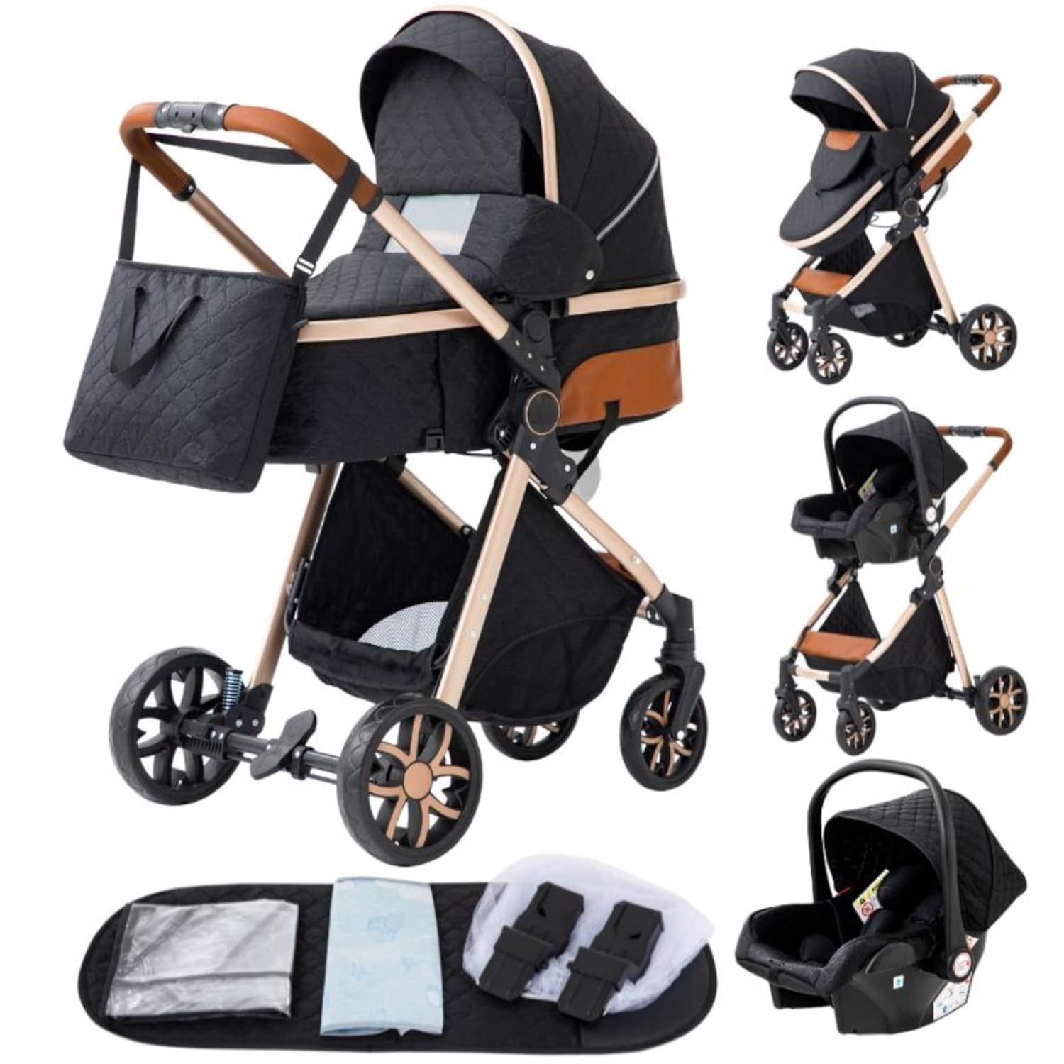 YAZOCO kinderwagen 3 in 1 Buggy Babybett Komplett Set Einem Klick Zusammenklappbarer Kinderwagen, KombiKinderwagen Aluminiumrahmen für Neugeborene Sitzzubehör (1 schwarz)
