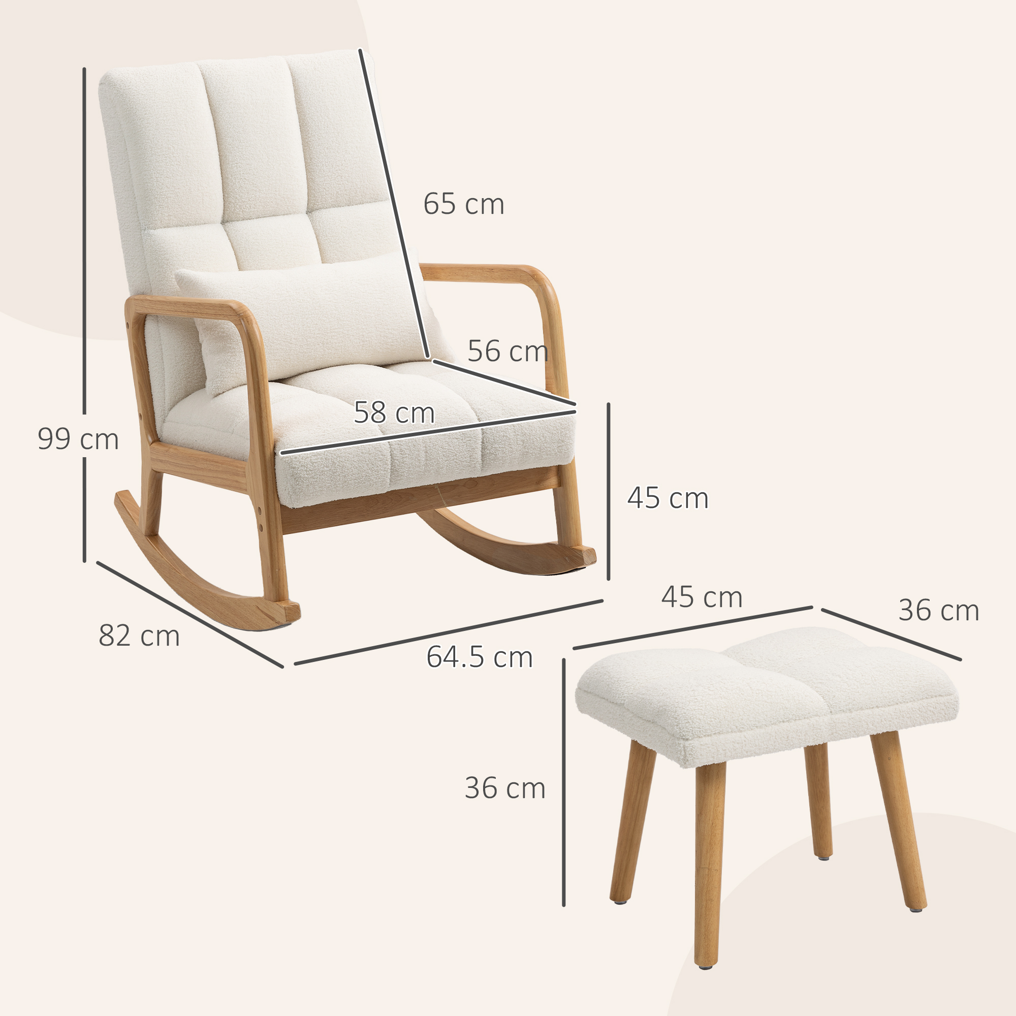 Schommelstoel met Voetensteun, Fleece-Bekleding, Hoge Rugleuning, Houten Poten, Voetpads, Wit
