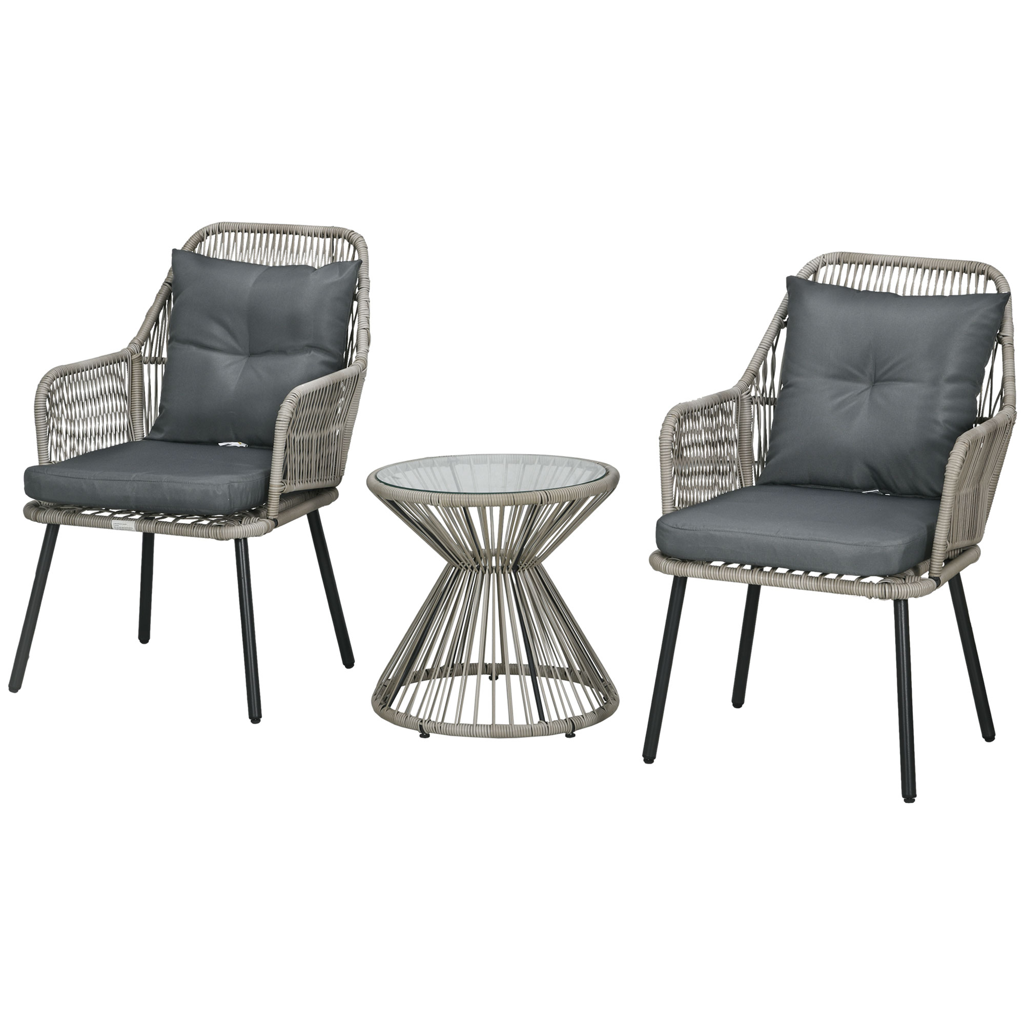 Outsunny Gartenmöbel-Set aus PE-Geflecht, 3-teilig, Stahlrahmen, 2 Sessel + 1 runder Beistelltisch, inklusive Kissen