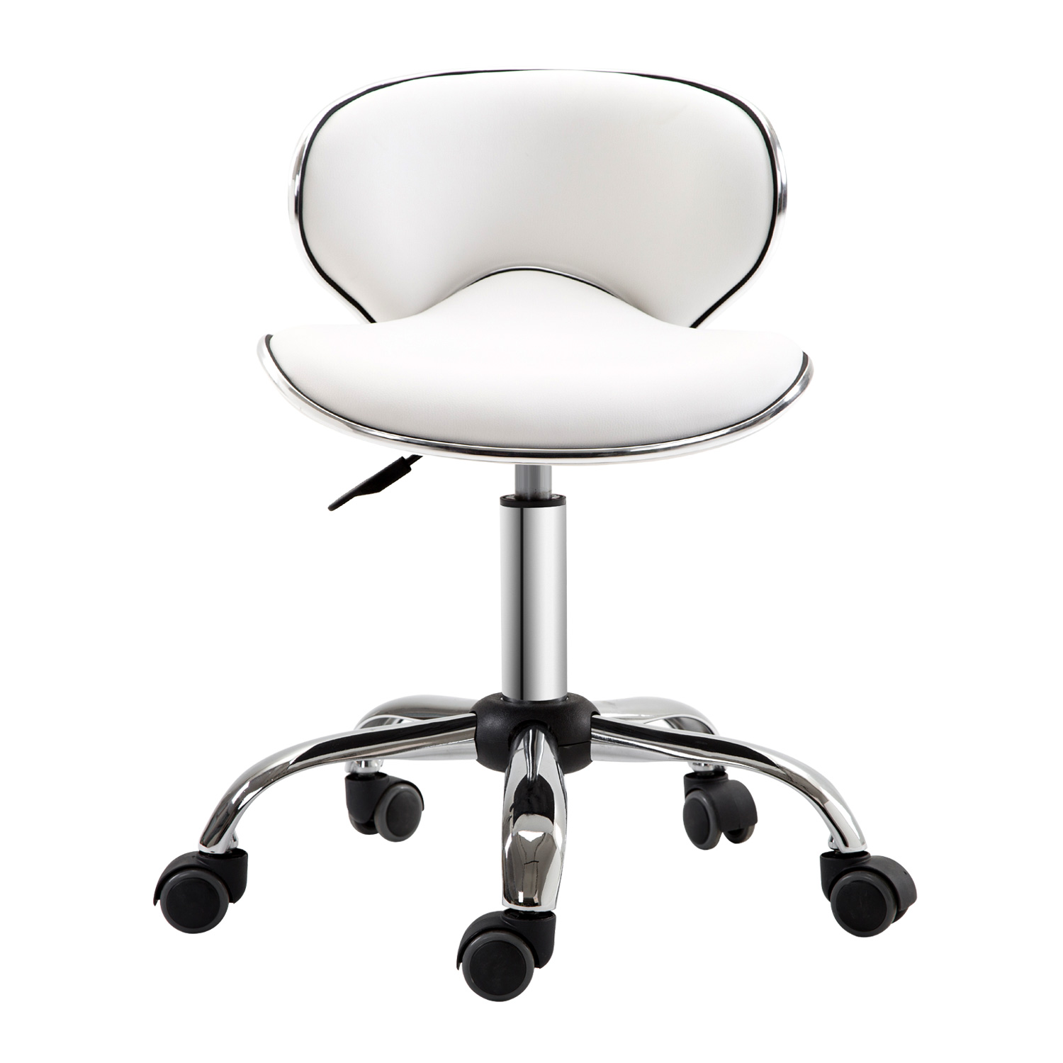 HOMCOM Rollhocker Arbeitsstuhl mit höhenverstellbarer 44-56 cm und Rückenlehne, 360° drehbarer, Weiß