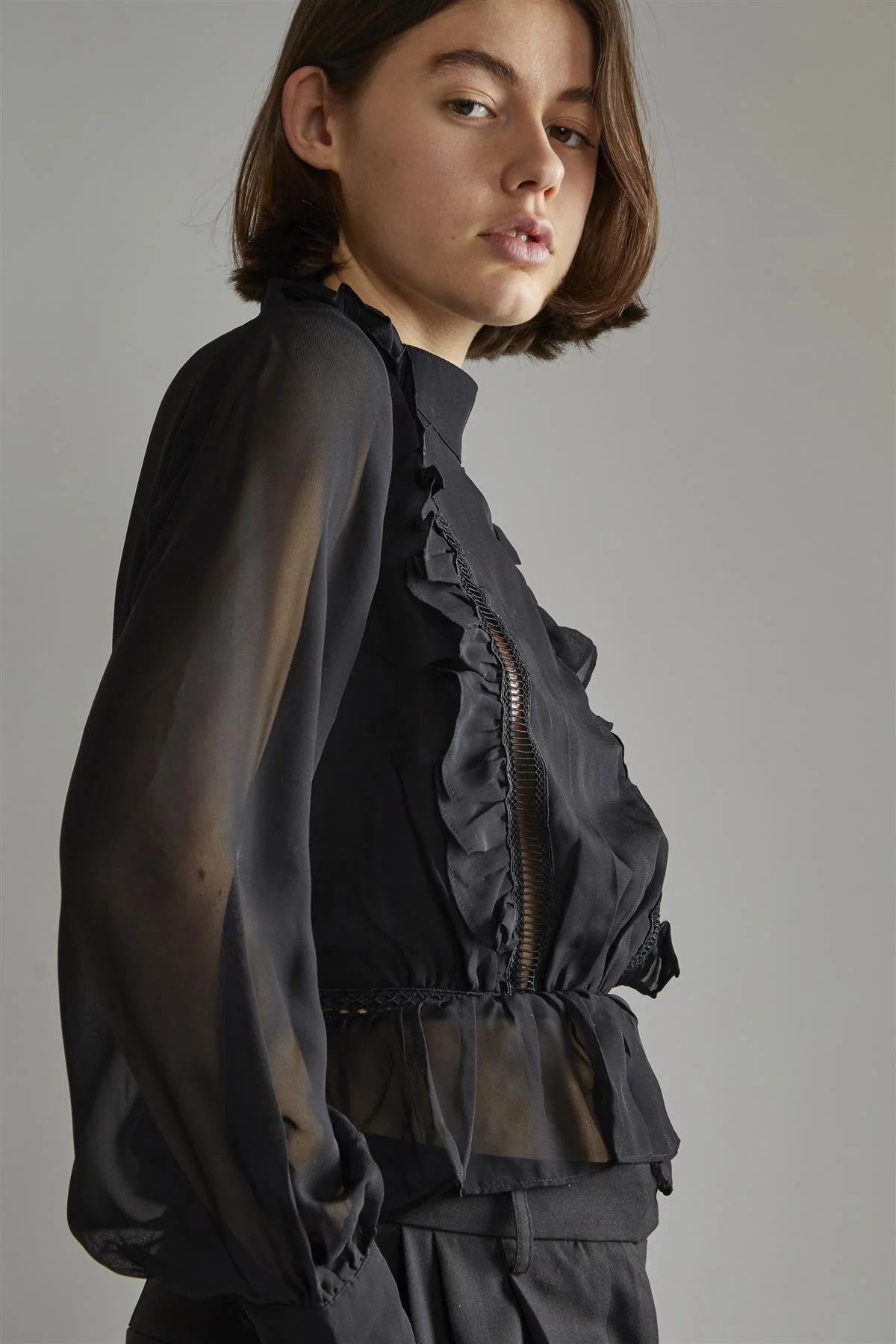 Annika Black Ruffle Detail High Neck Blouse