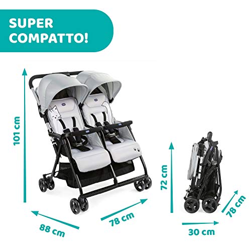 Chicco OHlalà Twin Passeggino Gemellare Doppio da 0 Mesi a 15 kg, Passeggino Leggero Reclinabile e Pieghevole, Poggiagambe Regolabili, Parapioggia e Capottina Estendibile Silver Cat, Grigio : Amazon.it: Prima infanzia