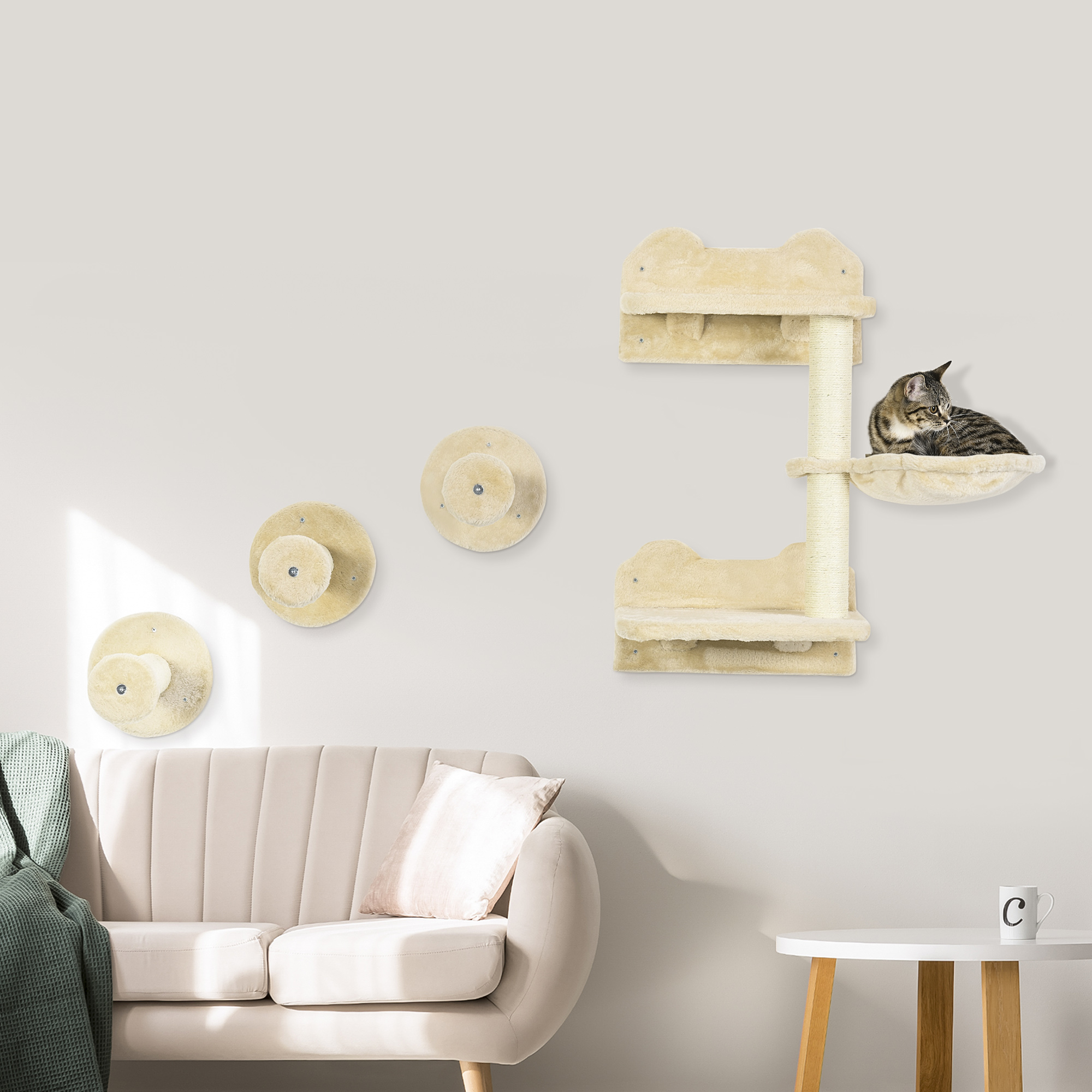 PawHut Kletterstufen, Kletterwand, Katzentreppe, 4-tlg. Set, mit Kratzbaum, Hängematte, beige+cremeweiß, 40 x 28 x 73cm