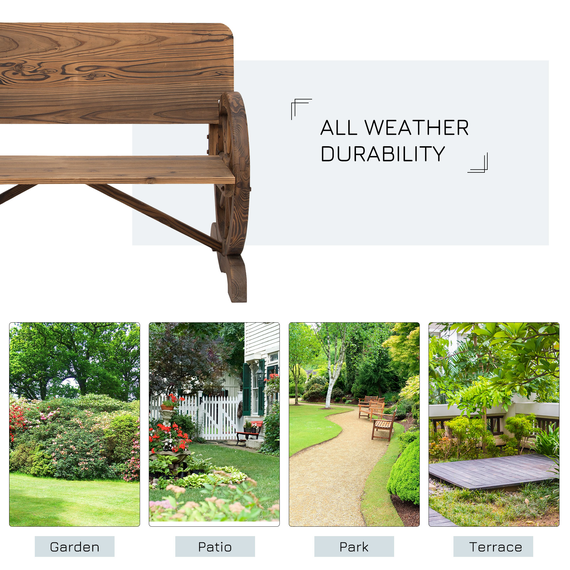 Outsunny Tuinbank bank tuinmeubelen armleuning wagen wielen design massief hout bruin