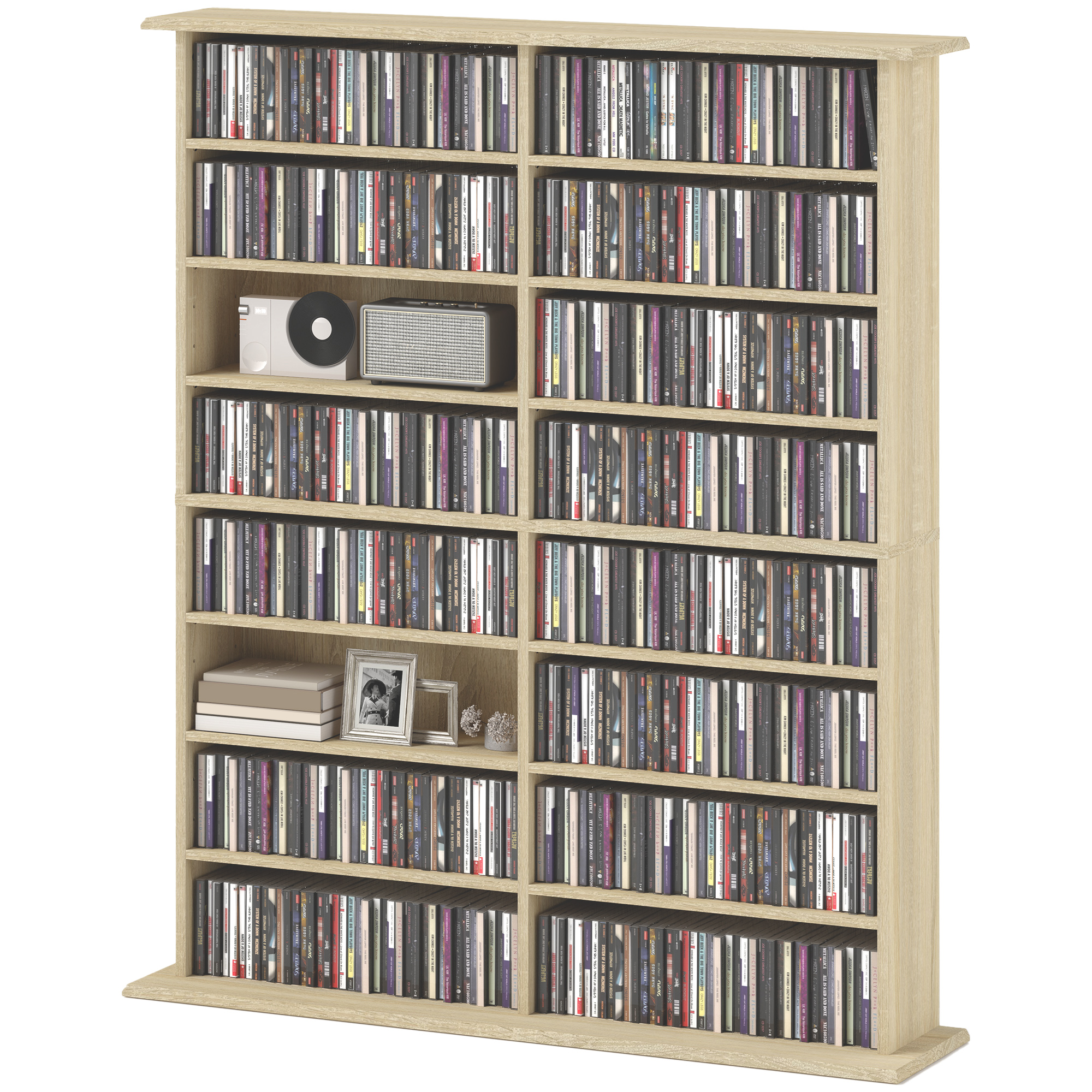 HOMCOM CD- und DVD-Aufbewahrung mit 16 Fächern und 12 verstellbaren Regalen, max. Kapazität 720 CD/396 DVD und Blu-ray Naturholz