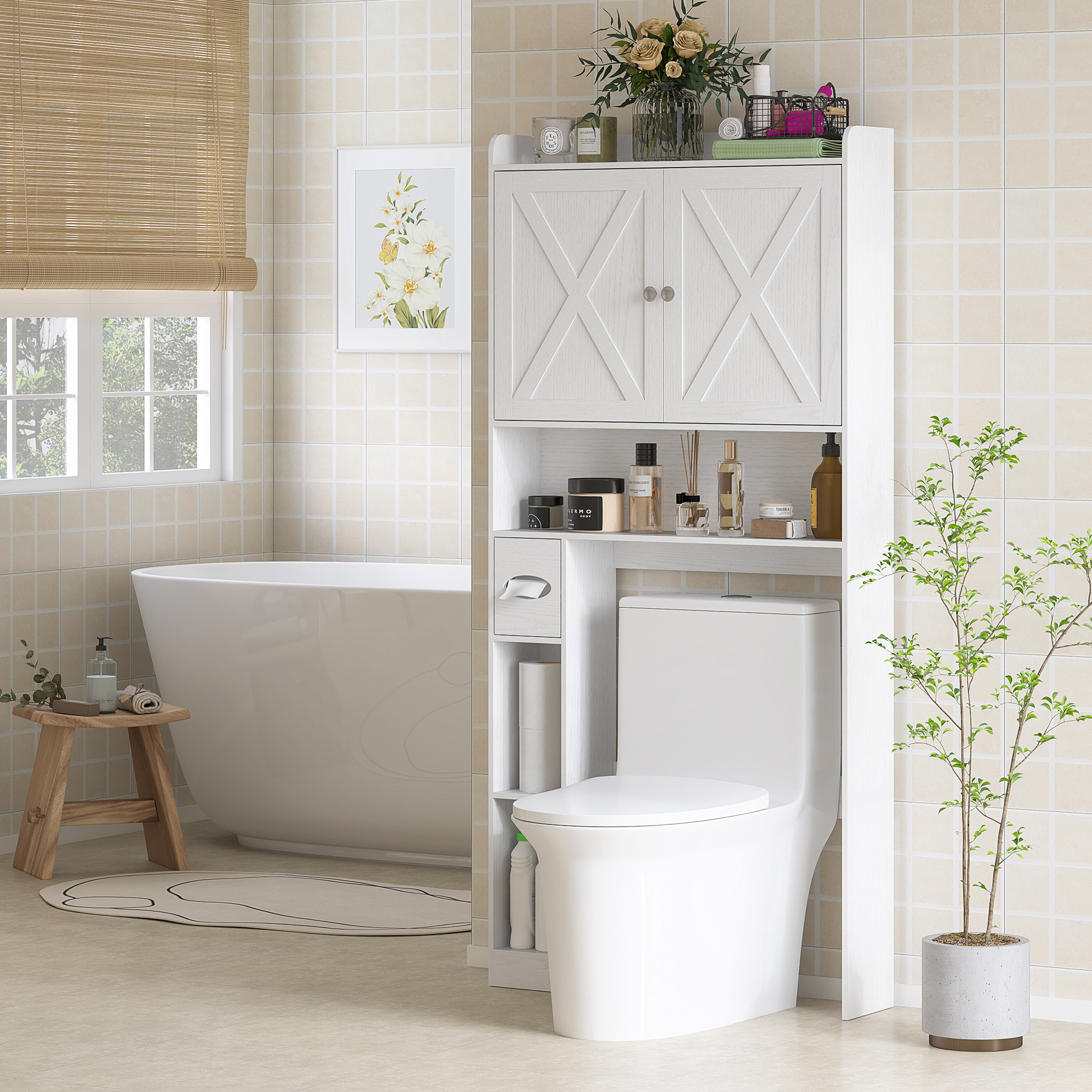 HOMCOM Toilettenaufsatzmöbel mit X-förmigen Scheunentüren, verstellbarem Regal, Fächern und Papiertücherhalter, weiß