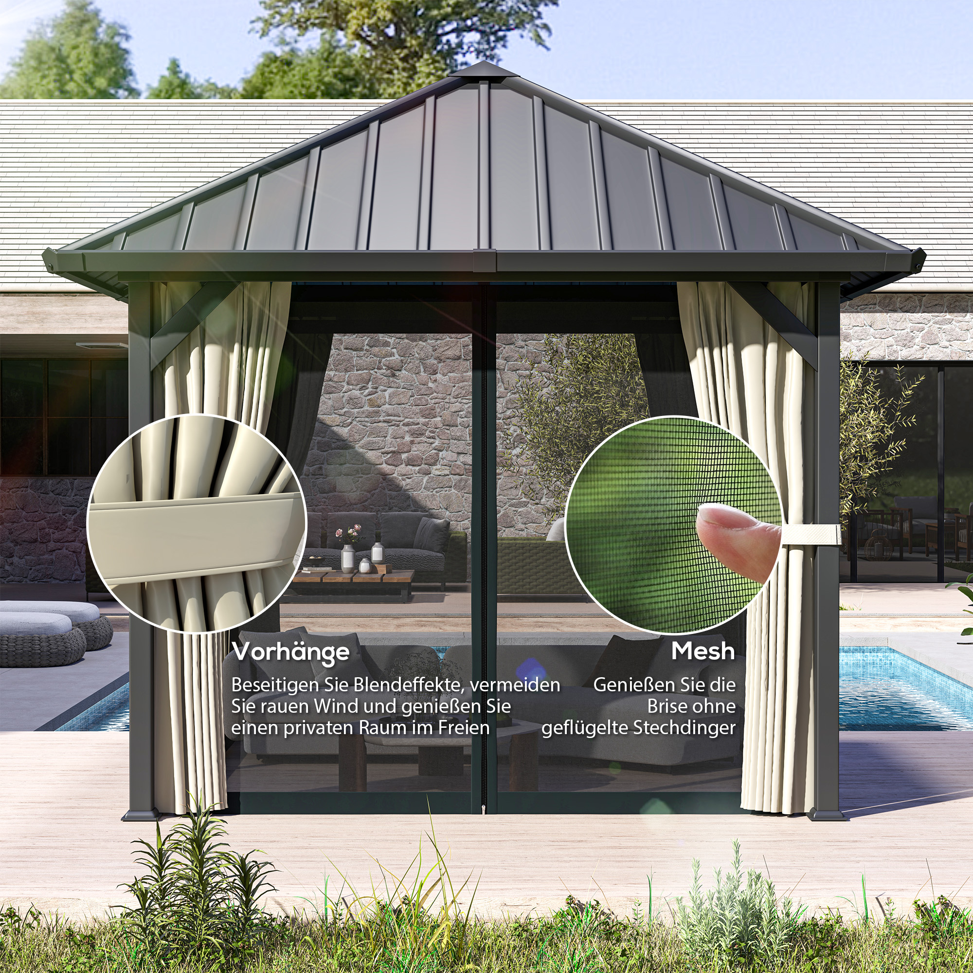 Outsunny 3 x 3m Harddak Paviljoen, Tuinpaviljoen met Metalen Dak, Waterbestendig Tuinzelt met Net en Zijwanden, Donkergrijs