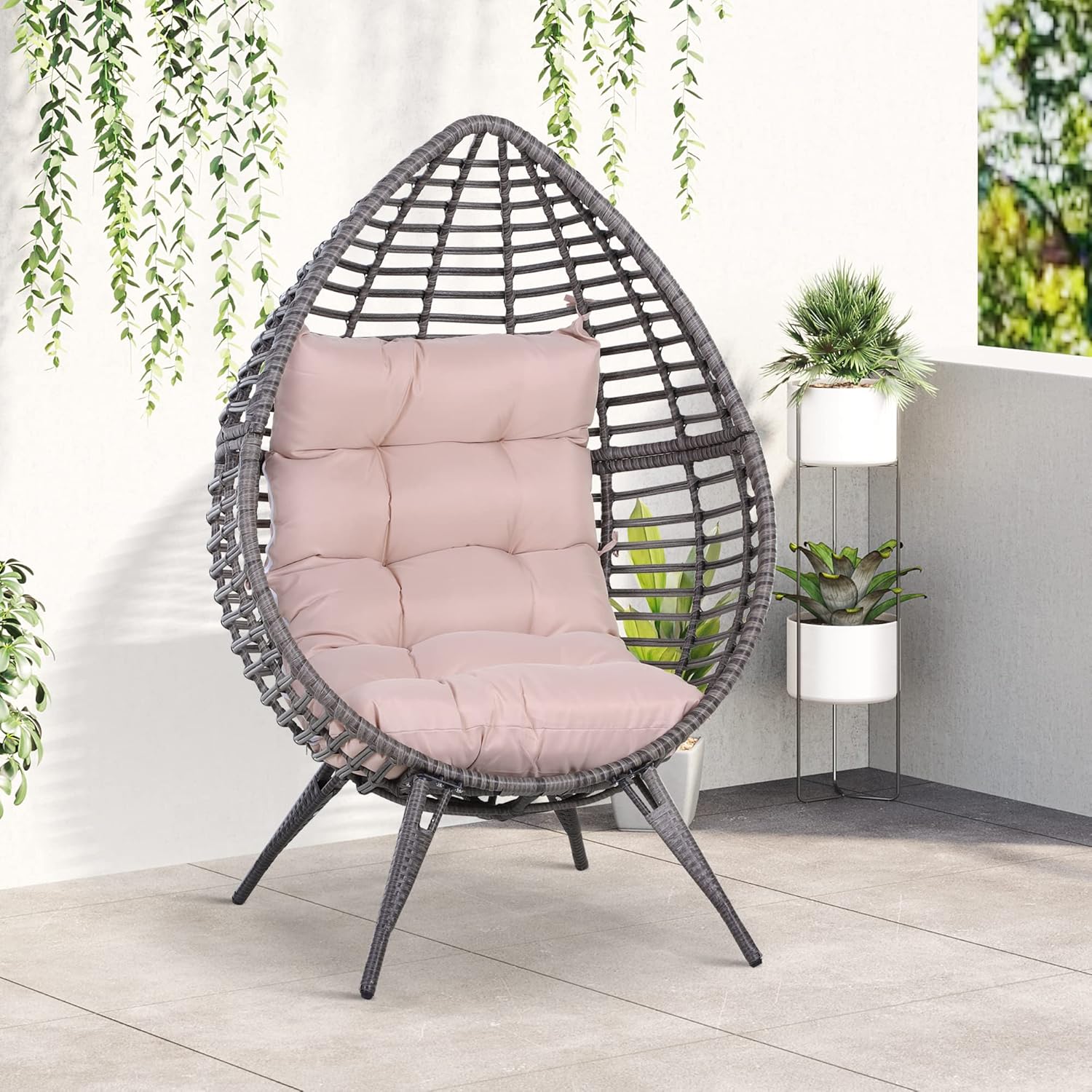 Outsunny Outdoor Rattan Chair with Cushion Grey and Beige Teardrop Shape Boho Chic Style 101 x 89 x 156 cm