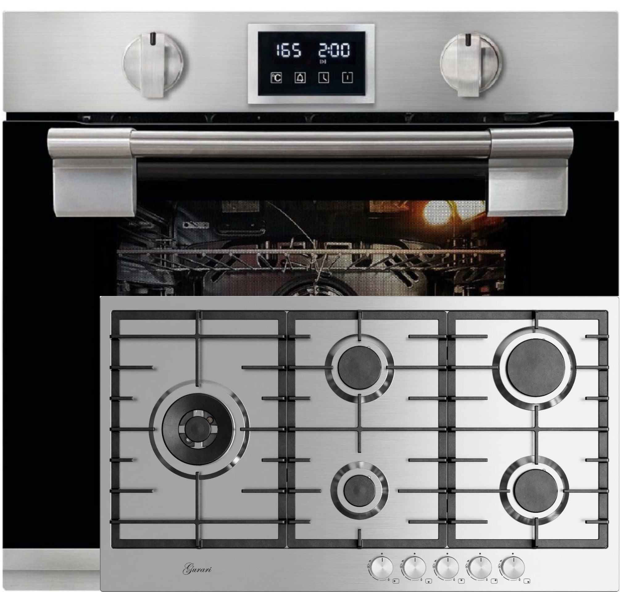 Backofen-Set Herd Set Autark Einbau Backofen, Bratautomatik,massives Metall, 79L+Gas-Kochfeld 90 cm, Edelstahl EH 6337+GCH FG 905 VPGL