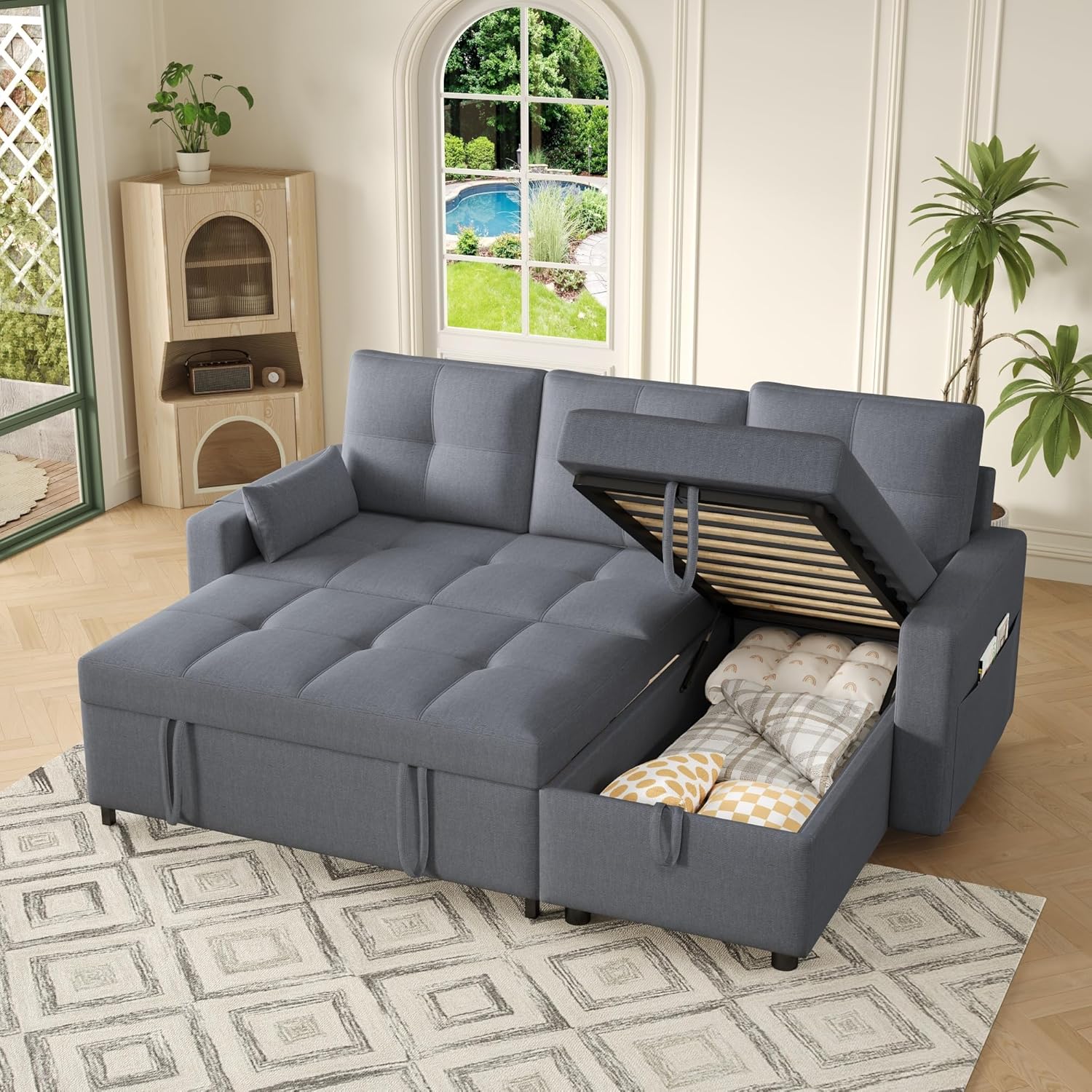 Modernes L-Sofa, modulares ausziehbares Schlafsofa mit Schlaffunktion, ausgestattet mit Stauraum, herunterziehbarem Getränkehalter, geeignet für Wohnzimmer, Heimkino (Grau)