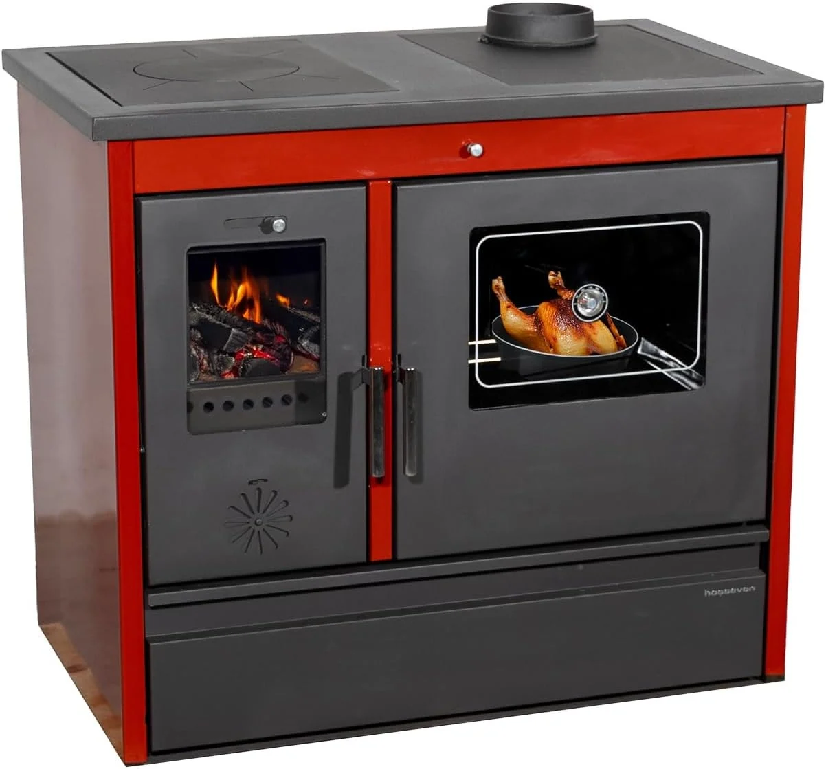 Hosseven Kaminofen, 11 kW, Rot, mit Backfach und Herdplatte 4050 Lotus Classic Holzofen