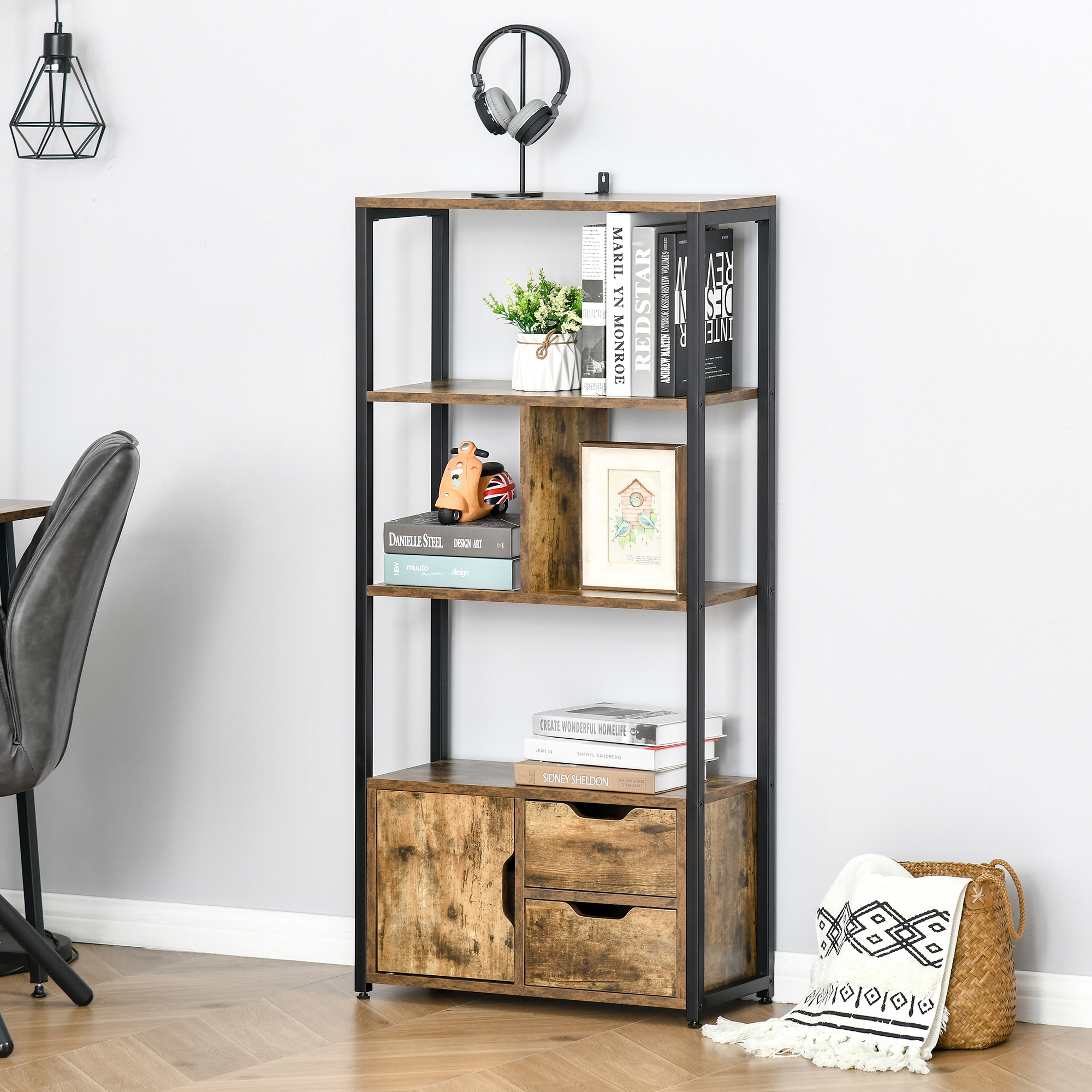HOMCOM Industrielles Bücherregal 3 Regale Schranktür 2 Schubladen Partikelplatten Altholzoptik Stahl Schwarz