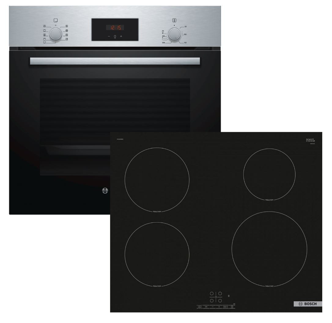 Backofen-Set Teleskopauszug 3D-Heißluft + Induktionskochfeld Booster autark 60 cm
