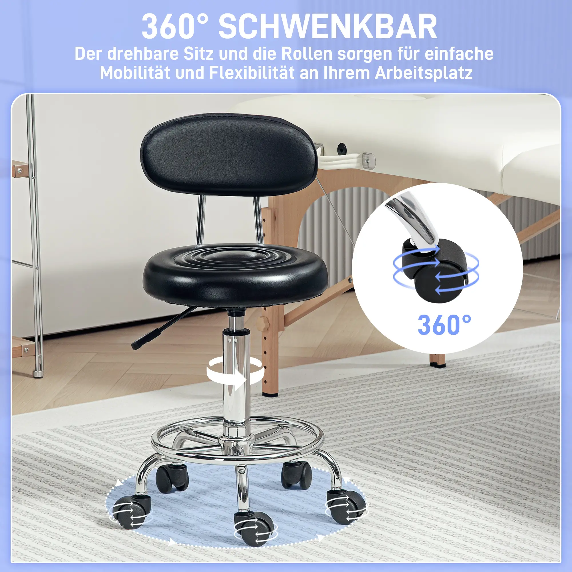 HOMCOM Rollhocker mit Lehne & Fußstütze, höhenverstellbar, Schwarz