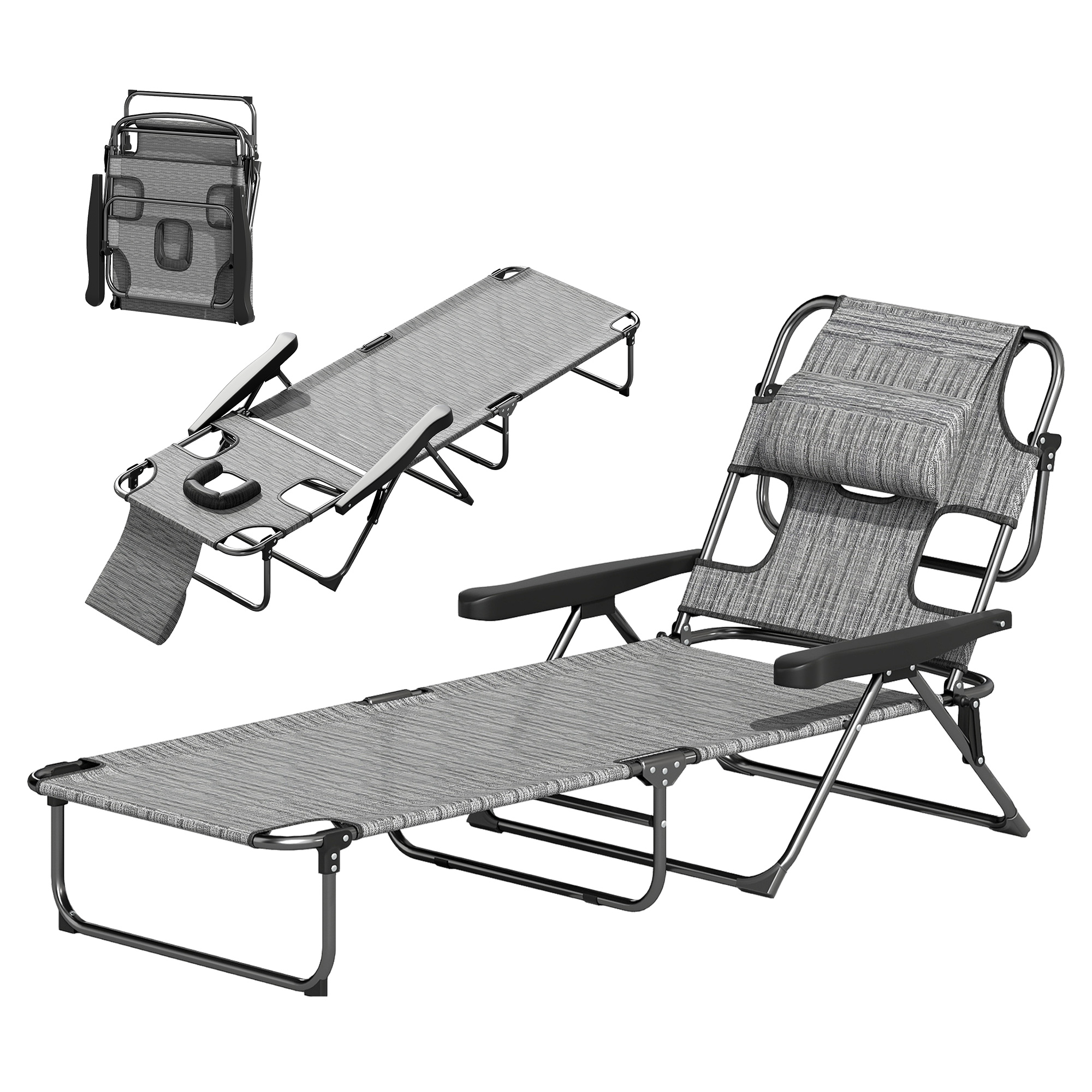 Outsunny Sonnenliege Gartenliegen Relaxliege, klappbar, wetterbeständig, 194 cm x 72 cm x 31 cm, Schwarz + Grau
