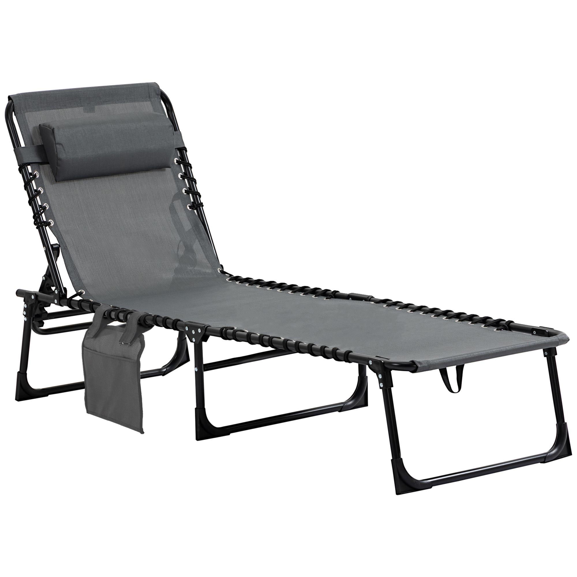 Outsunny Liegestuhl, Zusammenklappbare Liege mit Nackenkissen, Stahlrahmen, Netzstoffbezug, 120 kg Belastbarkeit, Grau