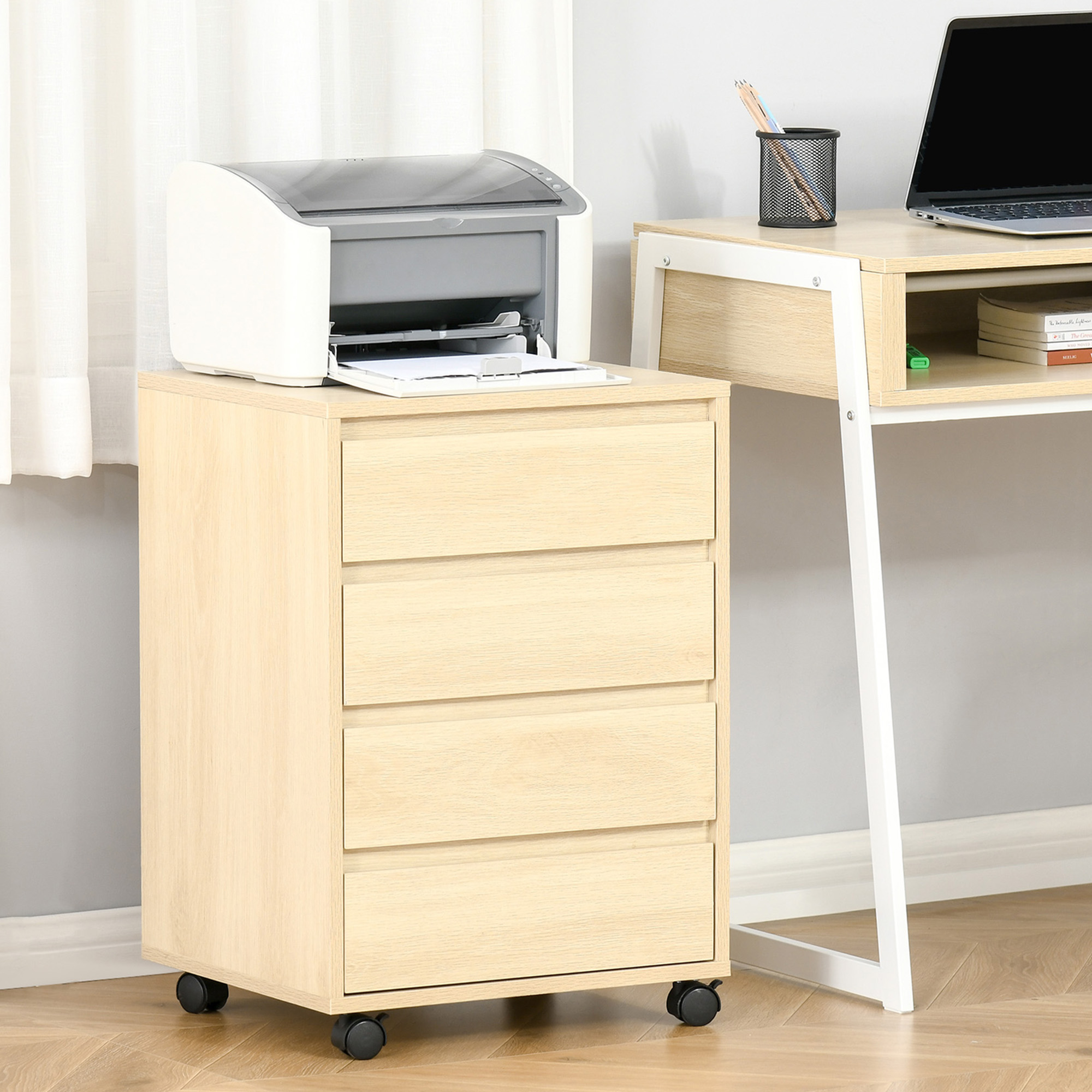 HOMCOM Rollcontainer Aktenschrank, 4 Schubladen, 4 Rollen, MDF Holz, 46 cm x 40 cm x 65 cm, Natur