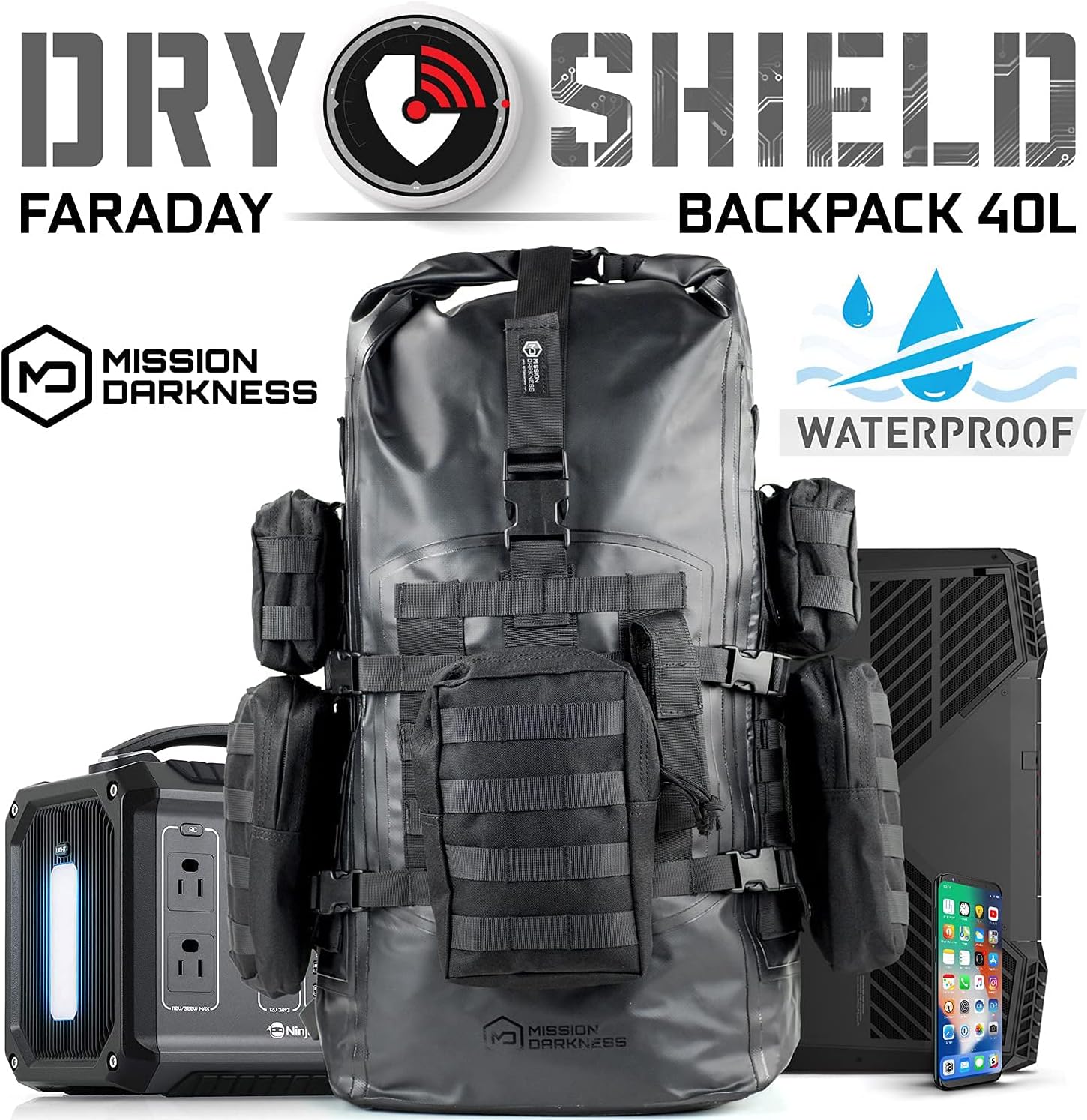 Mission Darkness Dry Shield Faraday Rucksack 40 Liter Fassungsvermögen // Wasserdichte taktische Tasche mit abnehmbaren MOLLE-Taschen, signalblockierendem Anti-Hacking-EMP-Schild für Elektronik