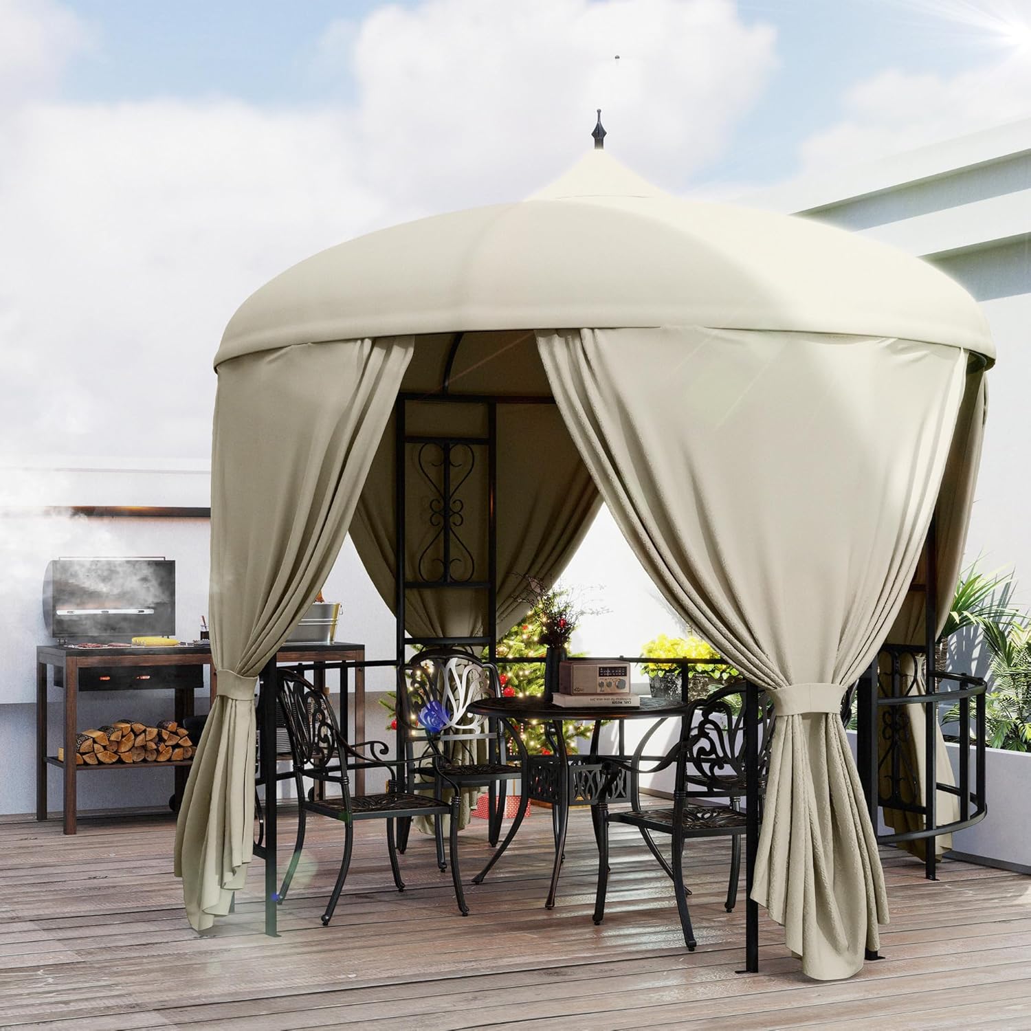 Outsunny Round Garden Gazebo Diameter 3 m, Outdoor Gazebo with Curtains and Air Vents in Metal and Polyester, Beige