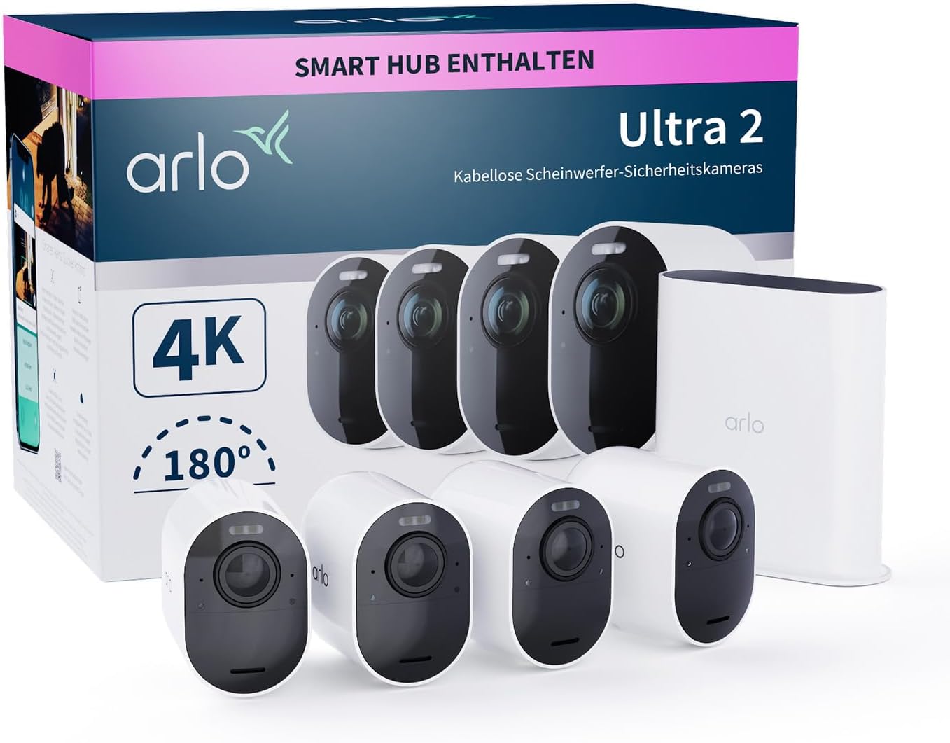 Arlo Ultra 2 Überwachungskamera Aussen WLAN, Kabellos, 4er Set, 4K UHD Qualitätsprodukt, 180° Sichtfeld, Spotlight, Farb-Nachtsicht, Bewegungsmelder, Alarm Sirene + mit Arlo Secure Testzeitraum