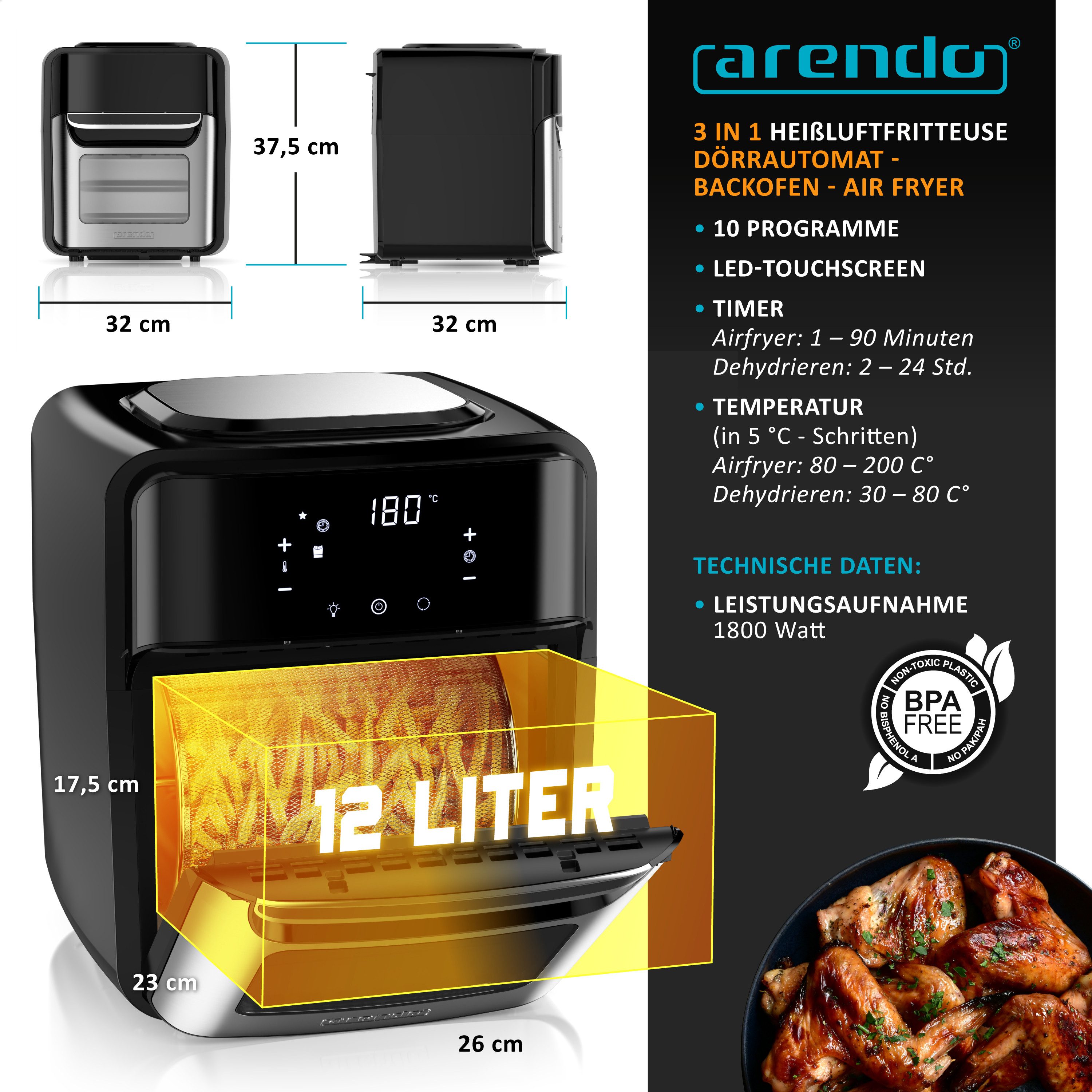 Heißluftfritteuse mit Zubehör, Airfryer 12L, 3in1 Edelstahl Heissluftfritteuse XXL