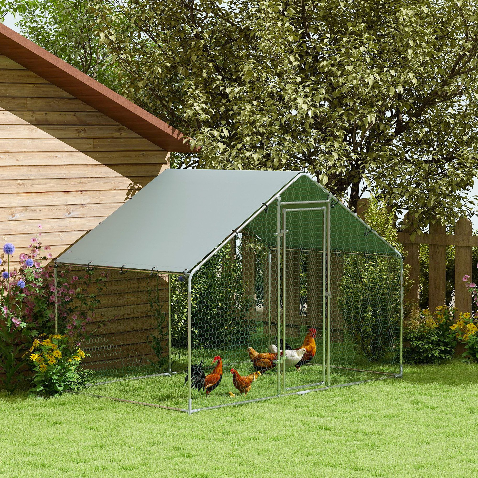 PawHut Hühnerauslauf für 5-8 Hühner, Dachplane, verriegelbare Tür, Stahlrahmen, 5,1 m², 3 x 1,7 x 1,9 m