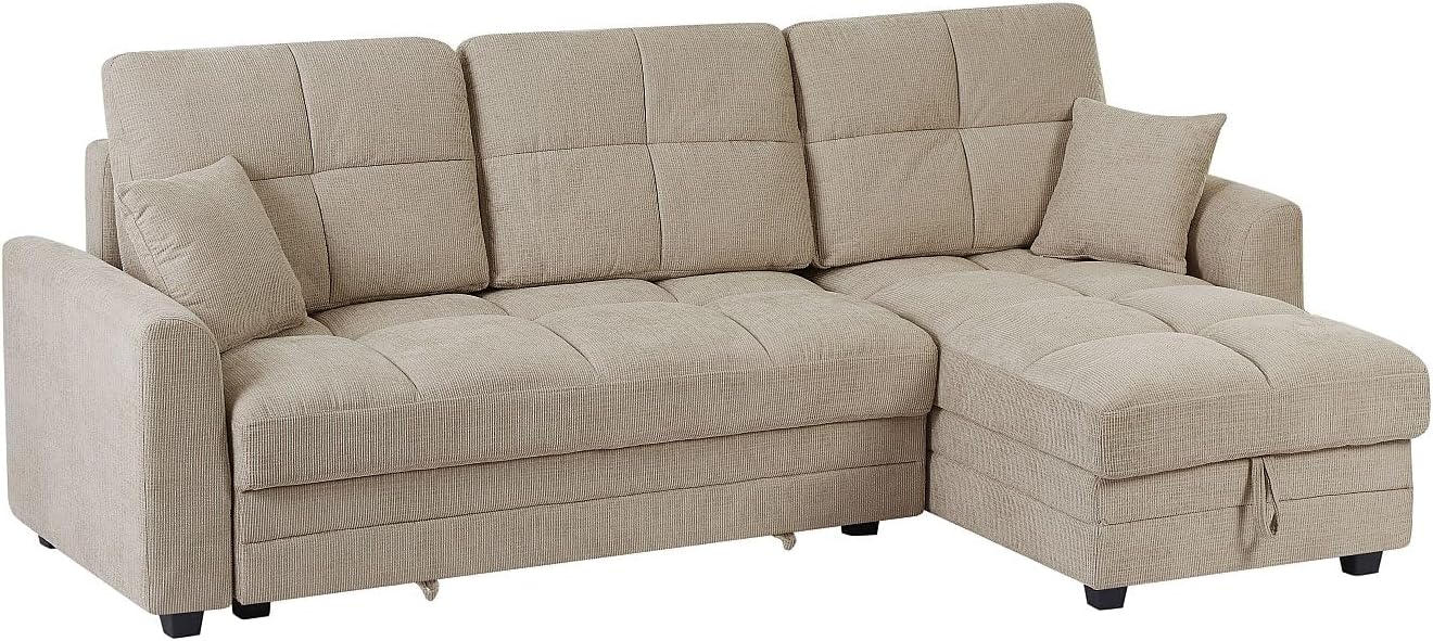 Vente-unique-Divano angolare convertibile e reversibile in tessuto ciniglia beige