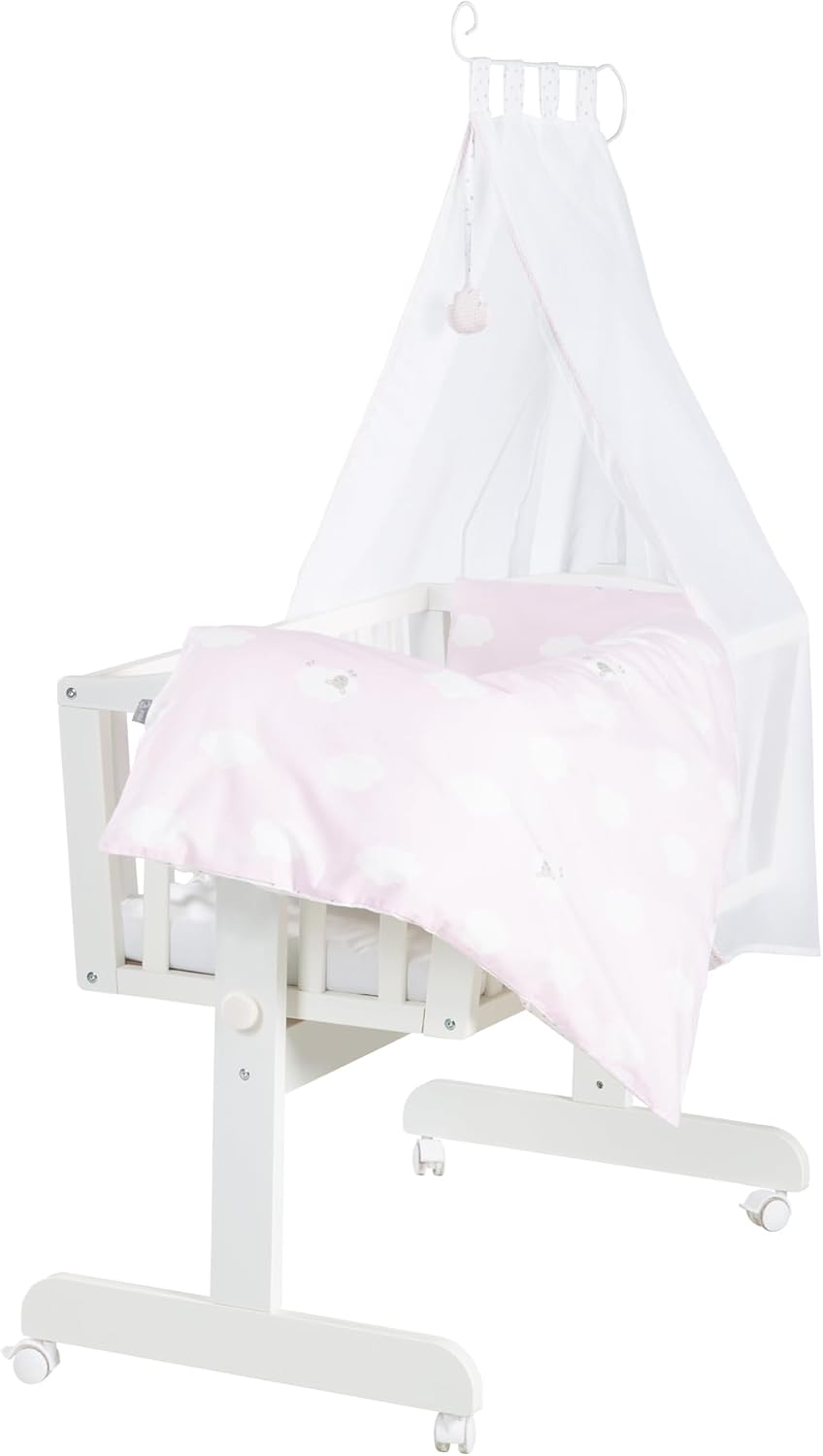 roba Culla e lettino Kleine Wolke - Design a Nuvola - 40 x 90 cm - in Legno - Set da Letto Completo di Chiusura e Arredo Tessile - Bianco/Rosa