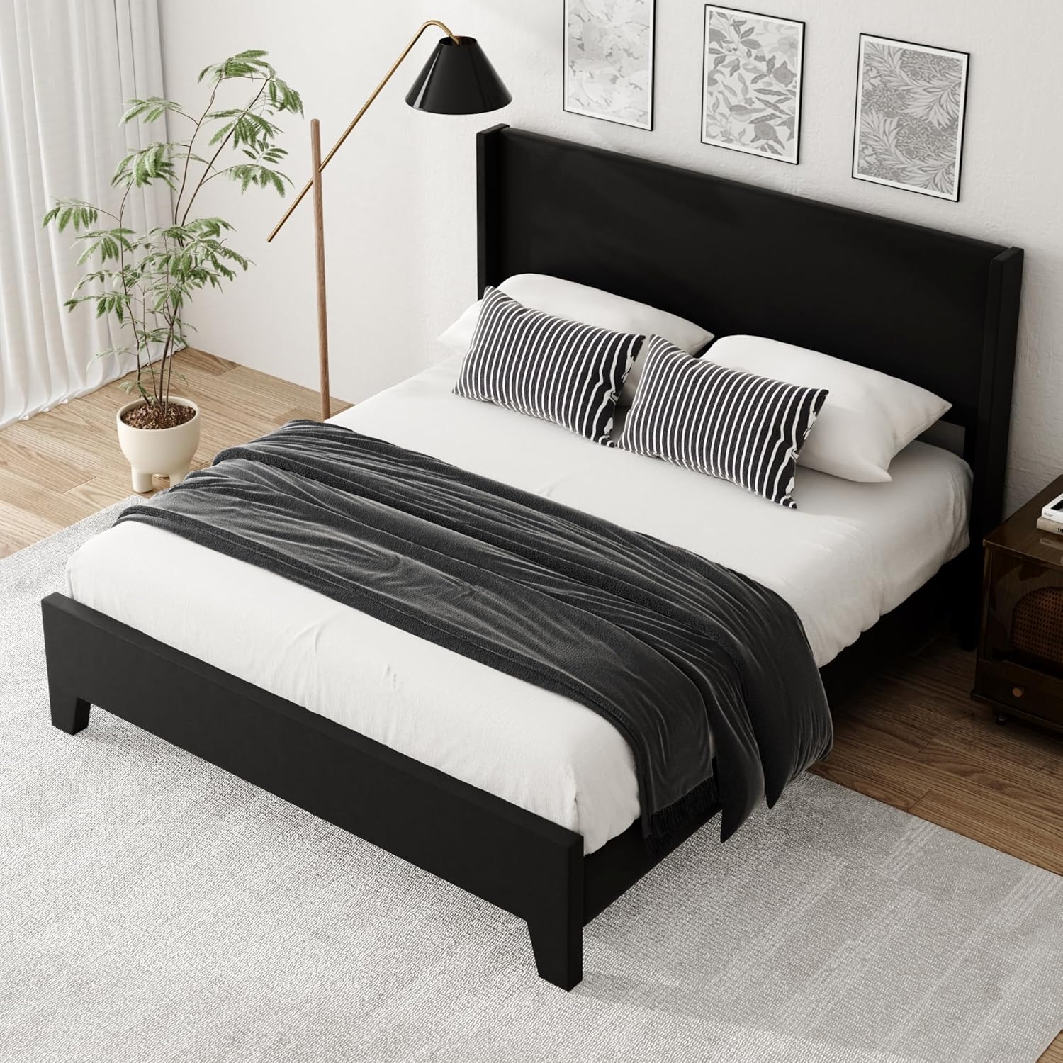 Queen Bed Frame with Faux Leather Upholstered Headboard, Wear-Resistant, Easy Clean, Mattress Foundation, No Box Spring Required, Easy Assembly, Black