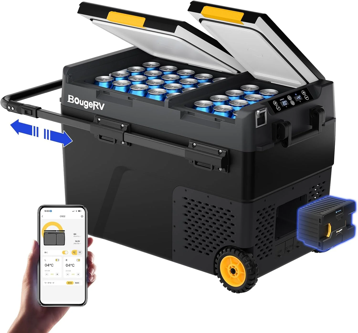 BougeRV Kühlschrank, 173 Wh, 230 V, 49 L, 12 V, Schwarz/Gelb, CRD2 Kompressor Kühlbox mit Akku, Akku Kühlbox mit Doppeltür Dualzonen (Verbesserter