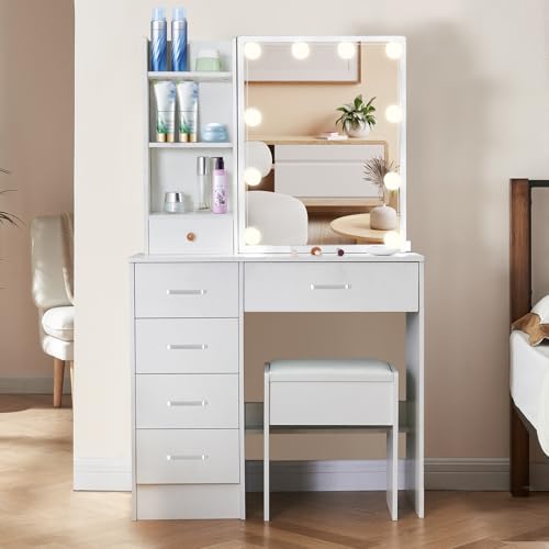 Saihemei Scrivania da trucco con specchio e 3 modalità di illuminazione, sgabello, 6 cassetti e ripiani – Mobiletto per cosmetici da camera da letto : Amazon.it: Casa e cucina