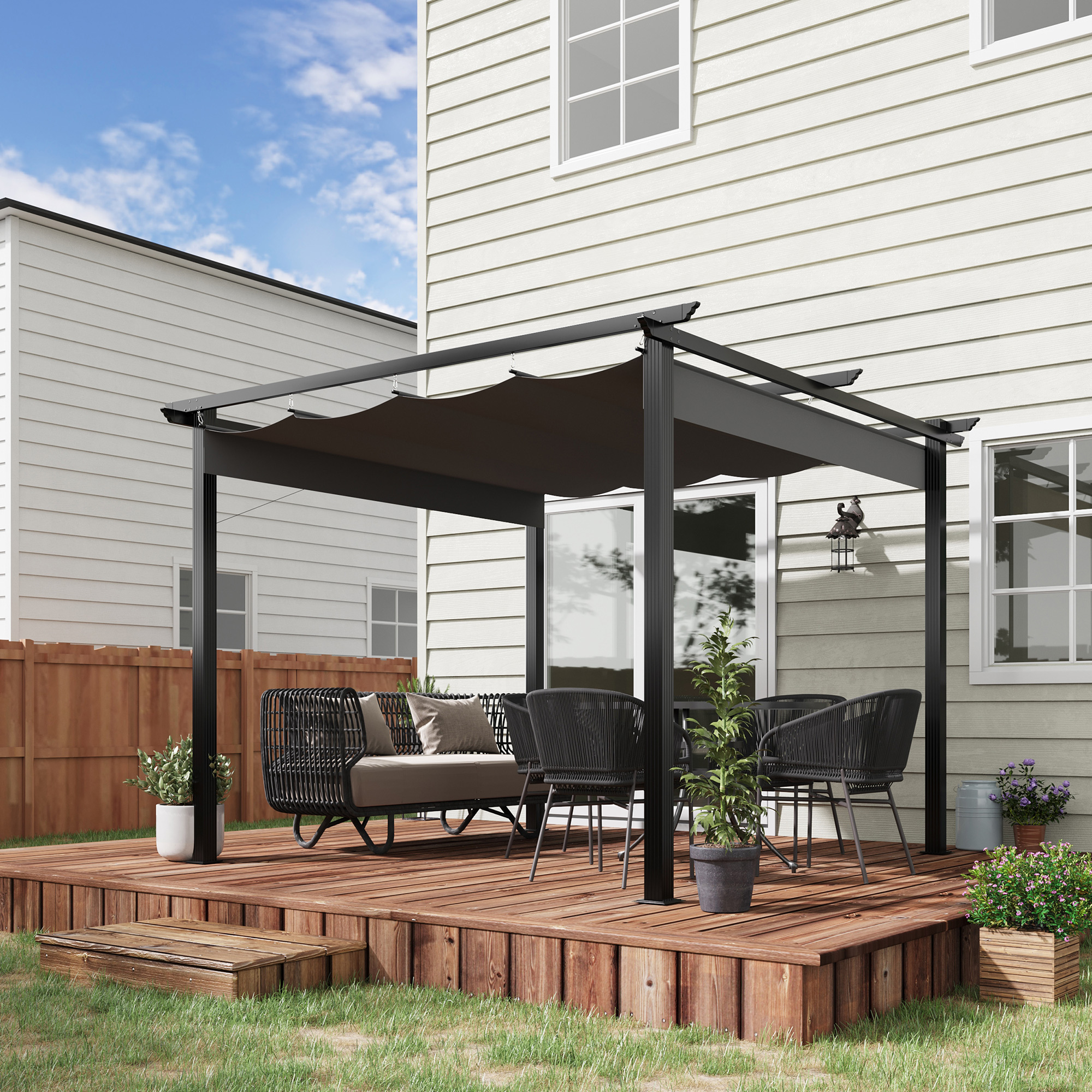 Outsunny Pergola 3 m x 3 m, mit Schiebedach, wetterbeständig, Aluminium, Schwarz