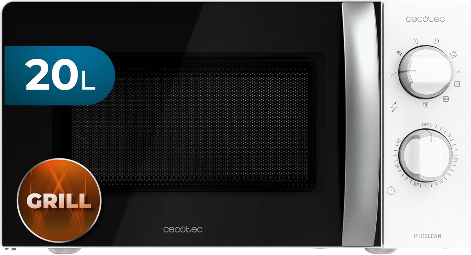 Cecotec Forno a Microonde con Grill ProClean 2110 da 20 Litri, 700W, con 6 livelli di potenza, funzione grill, tecnologia 3DWave, modalità scongelamento, timer fino a 30 minuti