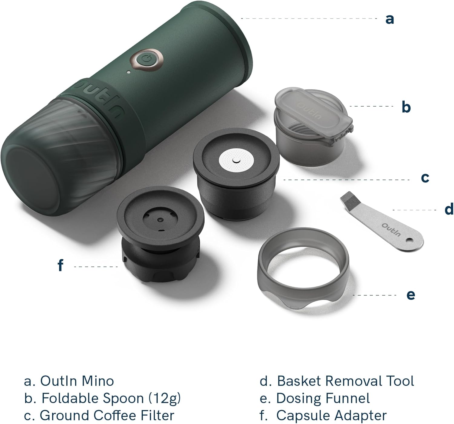 OutIn Mino Macchina per caffè espresso elettrica portatile, mini caffettiera da campeggio da viaggio, macchina da caffè tascabile con riscaldamento autonomo tramite USB-C, per qualsiasi avventura