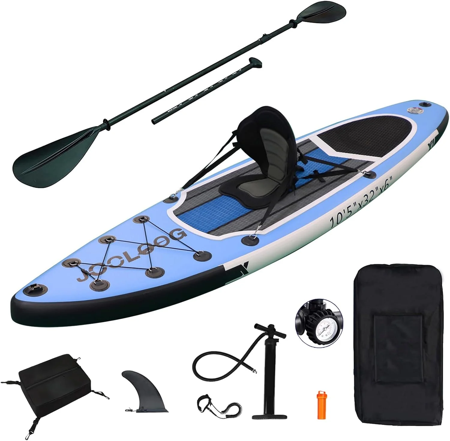 Inflatable stand-up kayak, 6 inches thick, equipped with a high-quality backpack, non-slip hull, bottom fins, and lightweight paddle frame, with a length of 10'3''/10'5''