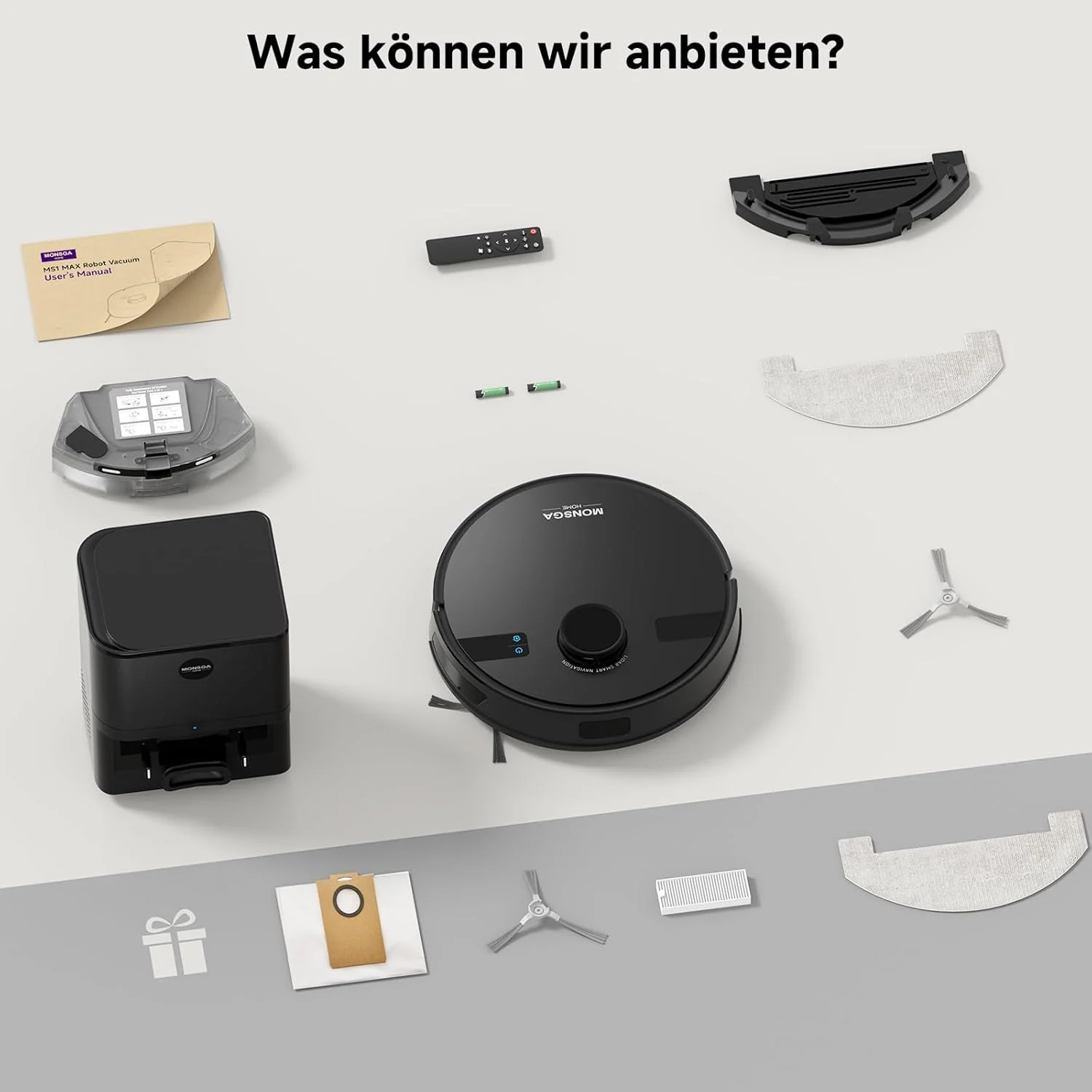 MONSGA Saugroboter mit Wischfunktion, 3.5L Staubsauger Roboter mit Absaugstation, 5000Pa Saugkraft, 180Min Laufzeit, LiDAR Navigation, Starke Saugkraft ideal für Teppich und Tierhaare, APP Steuerung